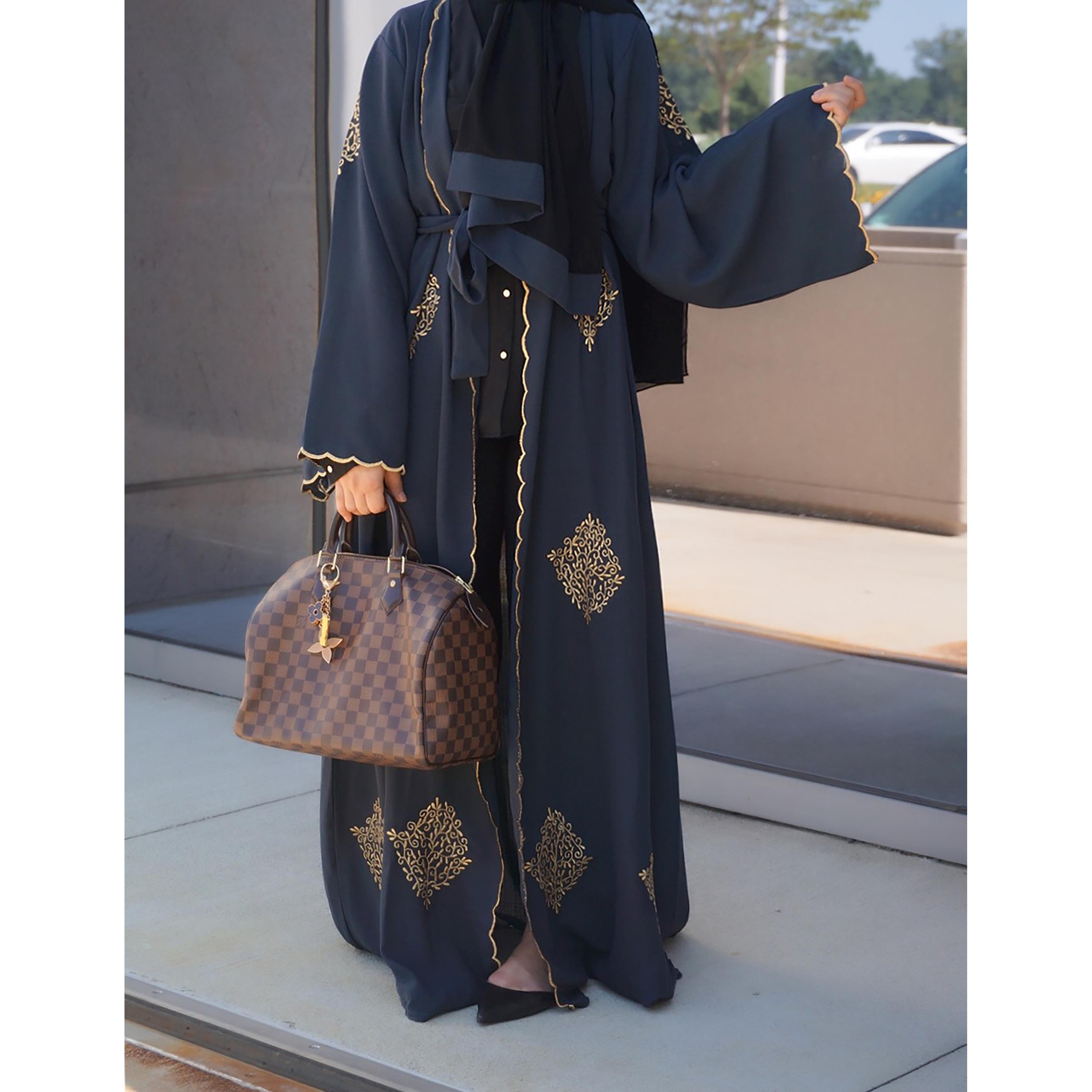 Nukhbaa Embroidered Wide Sleeves Crepe Nida Evening Women's Wrap Abaya with Hijab-women-arabicclothing-abayas-image-2