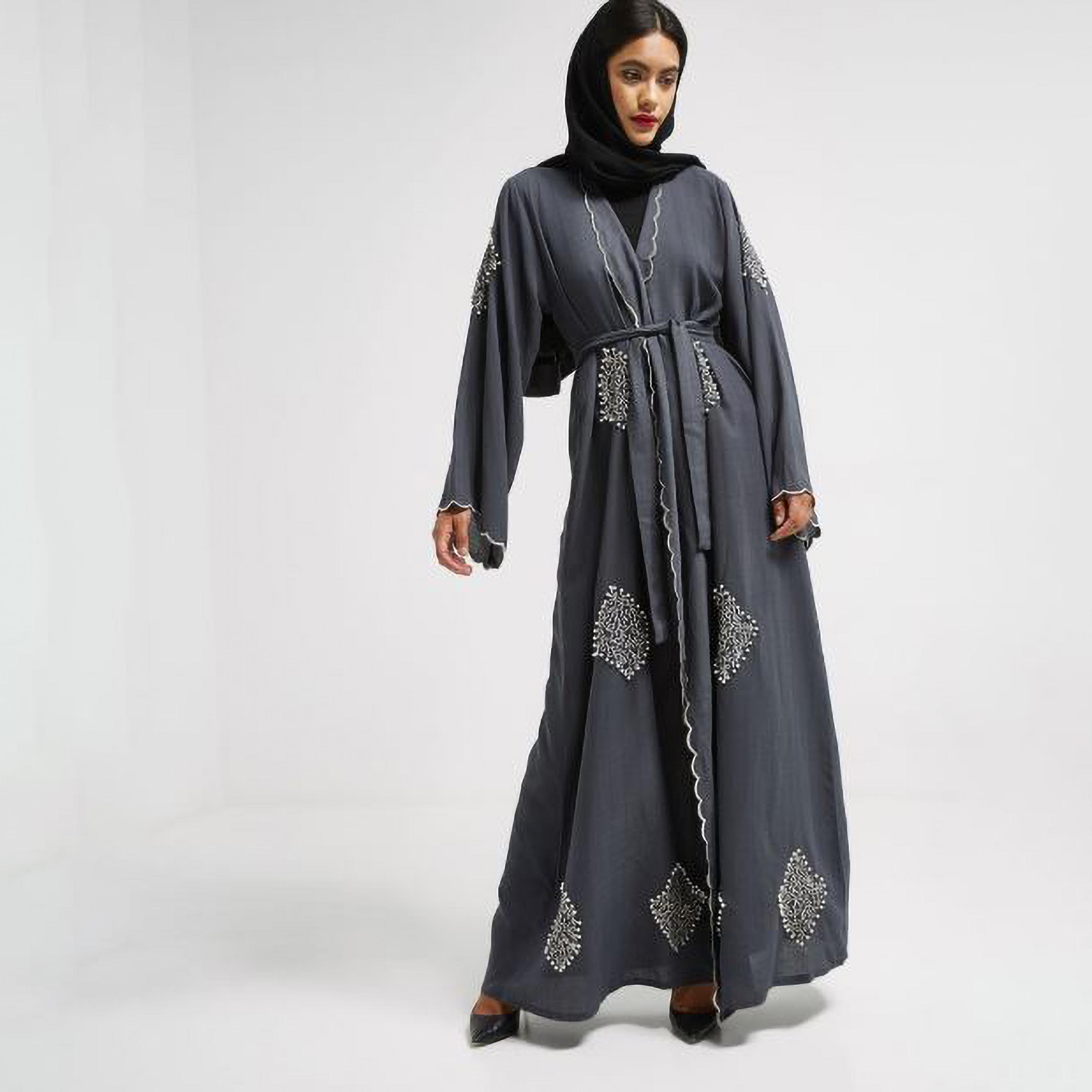 Nukhbaa Grey Embroidered & Pearl Flared Sleeves Crepe Nida Evening Women's Abaya with Hijab-women-arabicclothing-abayas-image-1