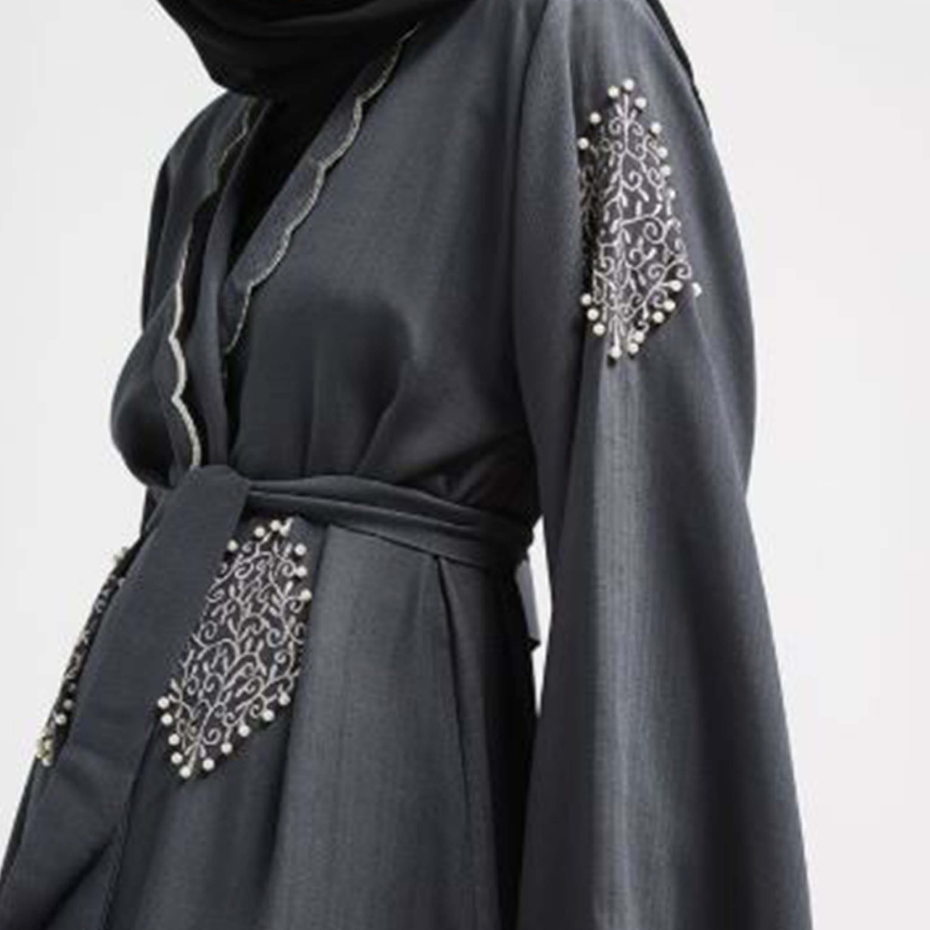 Nukhbaa Grey Embroidered & Pearl Flared Sleeves Crepe Nida Evening Women's Abaya with Hijab-women-arabicclothing-abayas-image-2