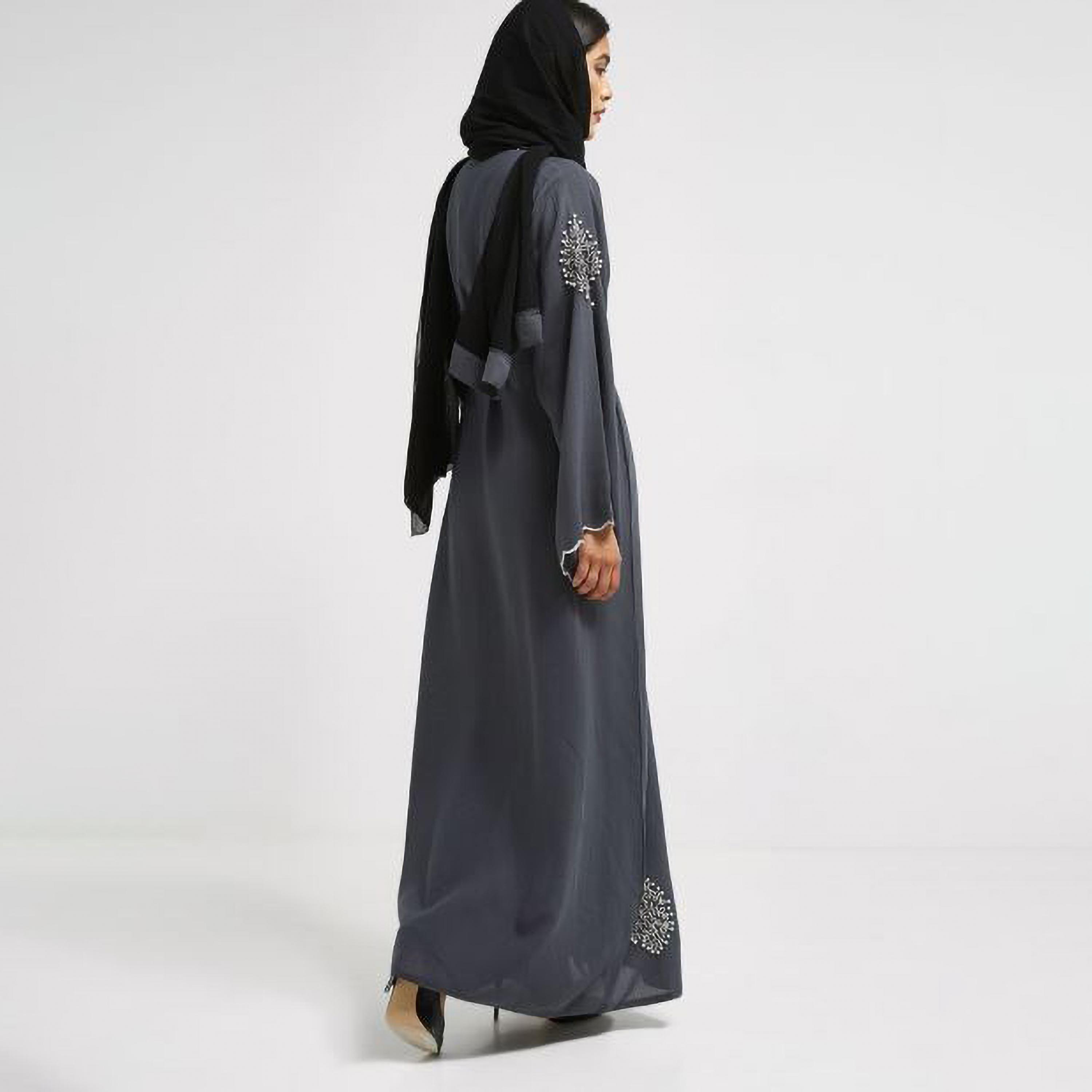 Nukhbaa Grey Embroidered & Pearl Flared Sleeves Crepe Nida Evening Women's Abaya with Hijab-women-arabicclothing-abayas-image-3