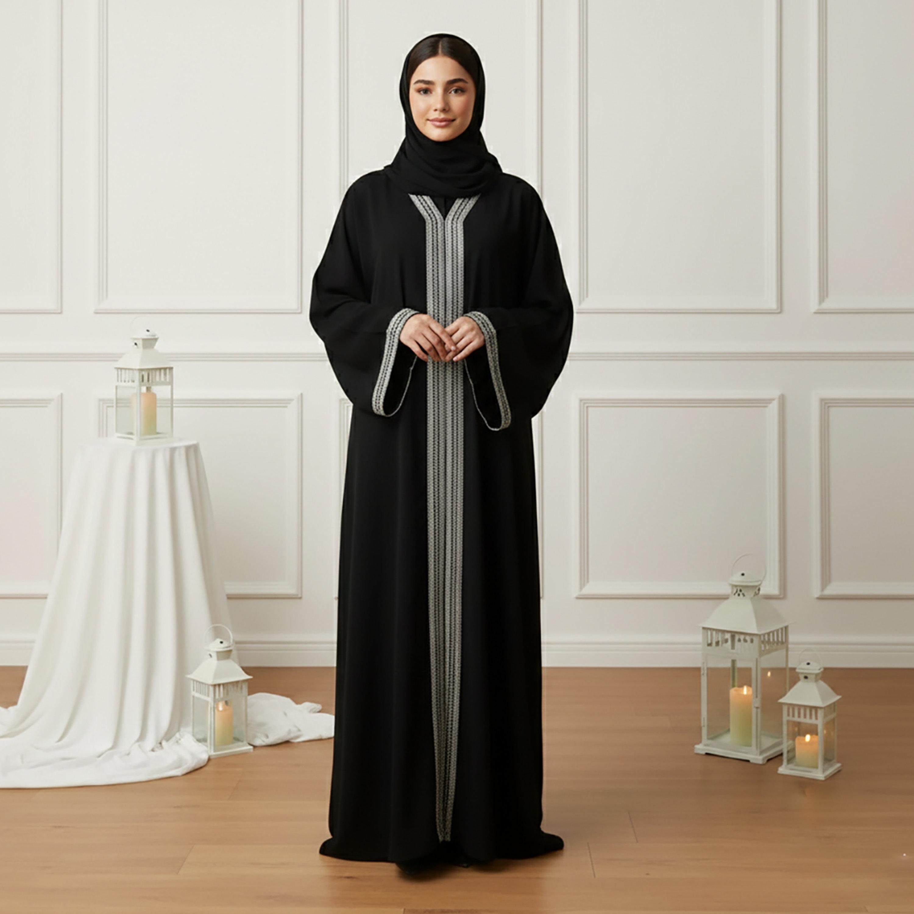 Nukhbaa Black Lace Detailed Wide Sleeves Nida Women's Abaya with Hijab-women-arabicclothing-abayas-image-1