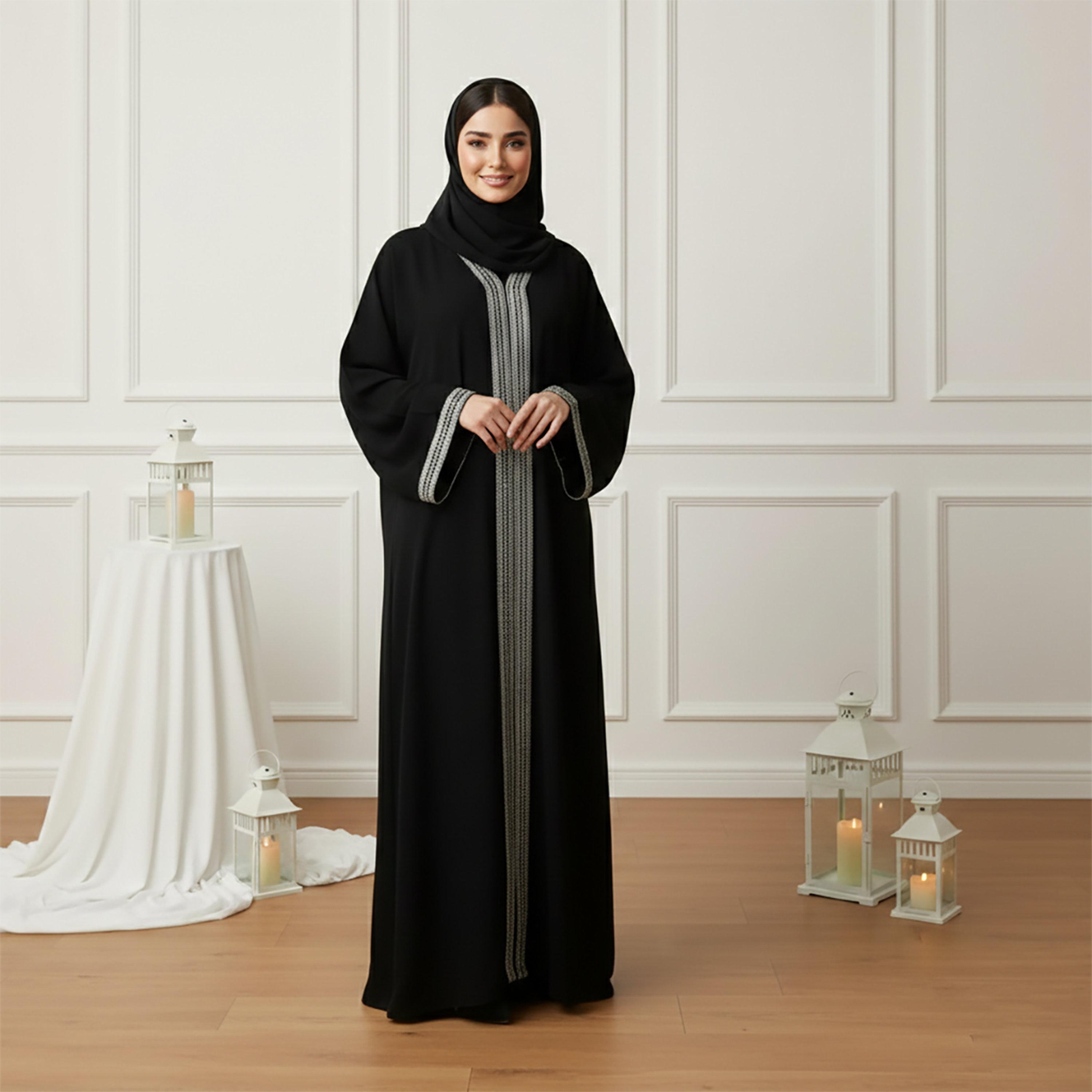 Nukhbaa Black Lace Detailed Wide Sleeves Nida Women's Abaya with Hijab-women-arabicclothing-abayas-image-1