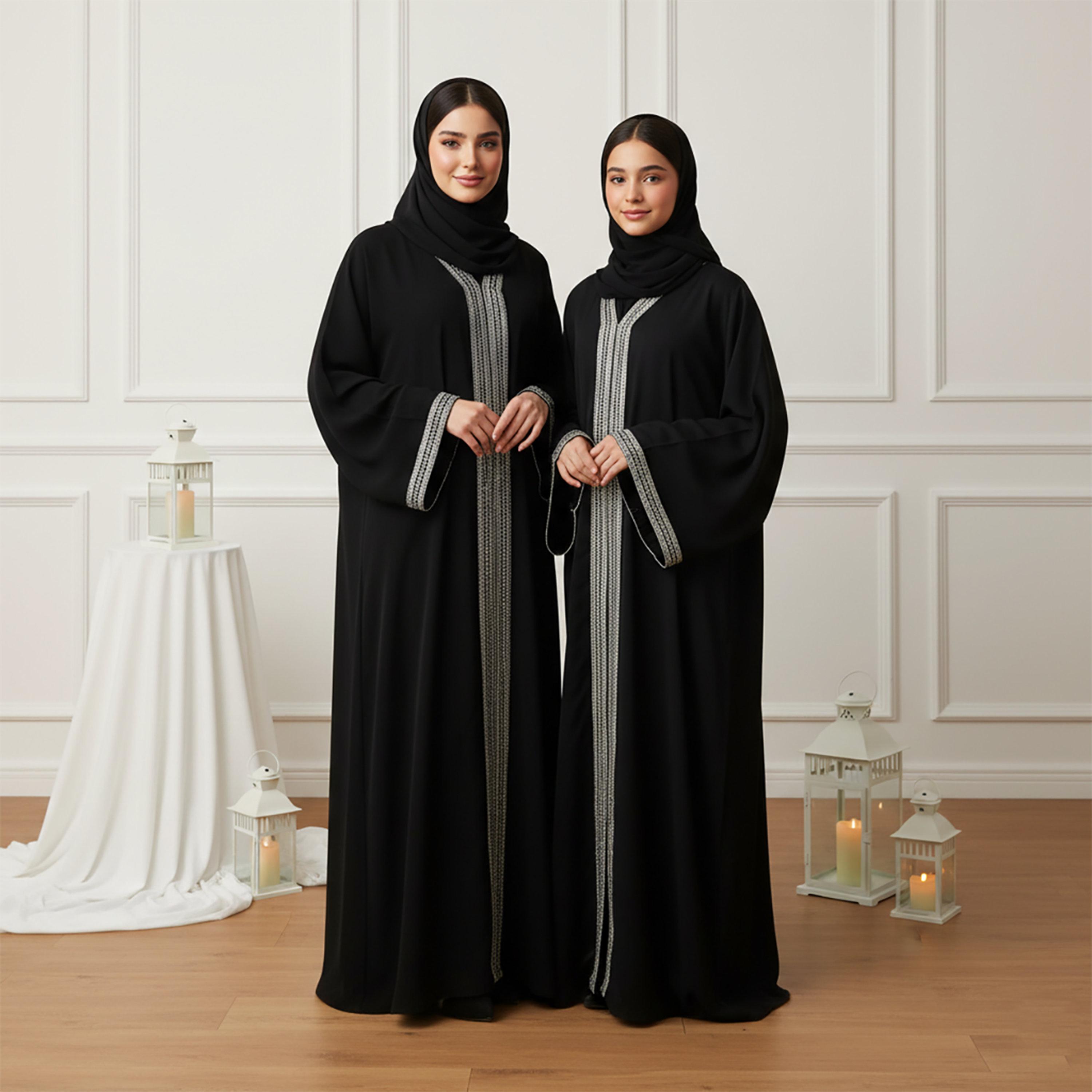 Nukhbaa Black Lace Detailed Wide Sleeves Nida Women's Abaya with Hijab-women-arabicclothing-abayas-image-2