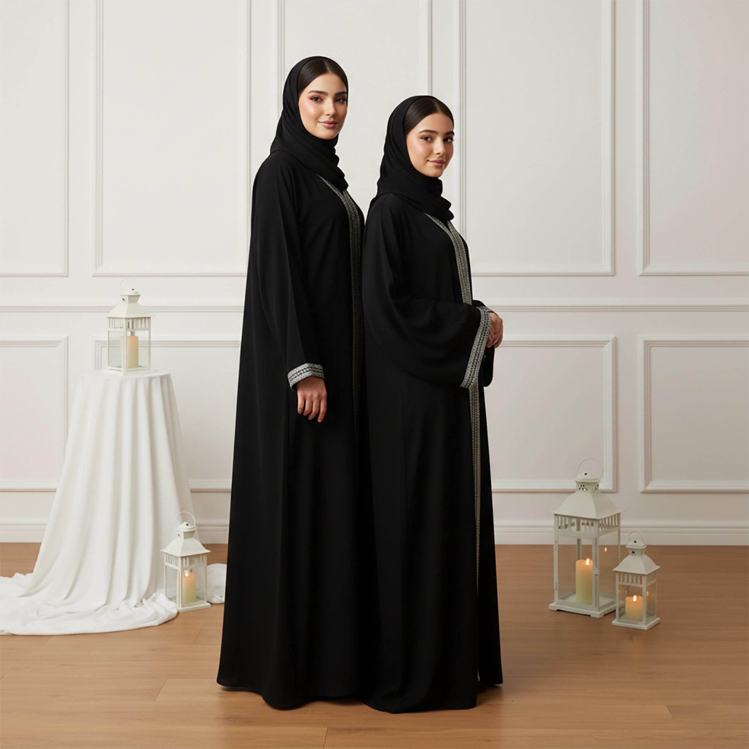 Nukhbaa Black Lace Detailed Wide Sleeves Nida Women's Abaya with Hijab-women-arabicclothing-abayas-image-3