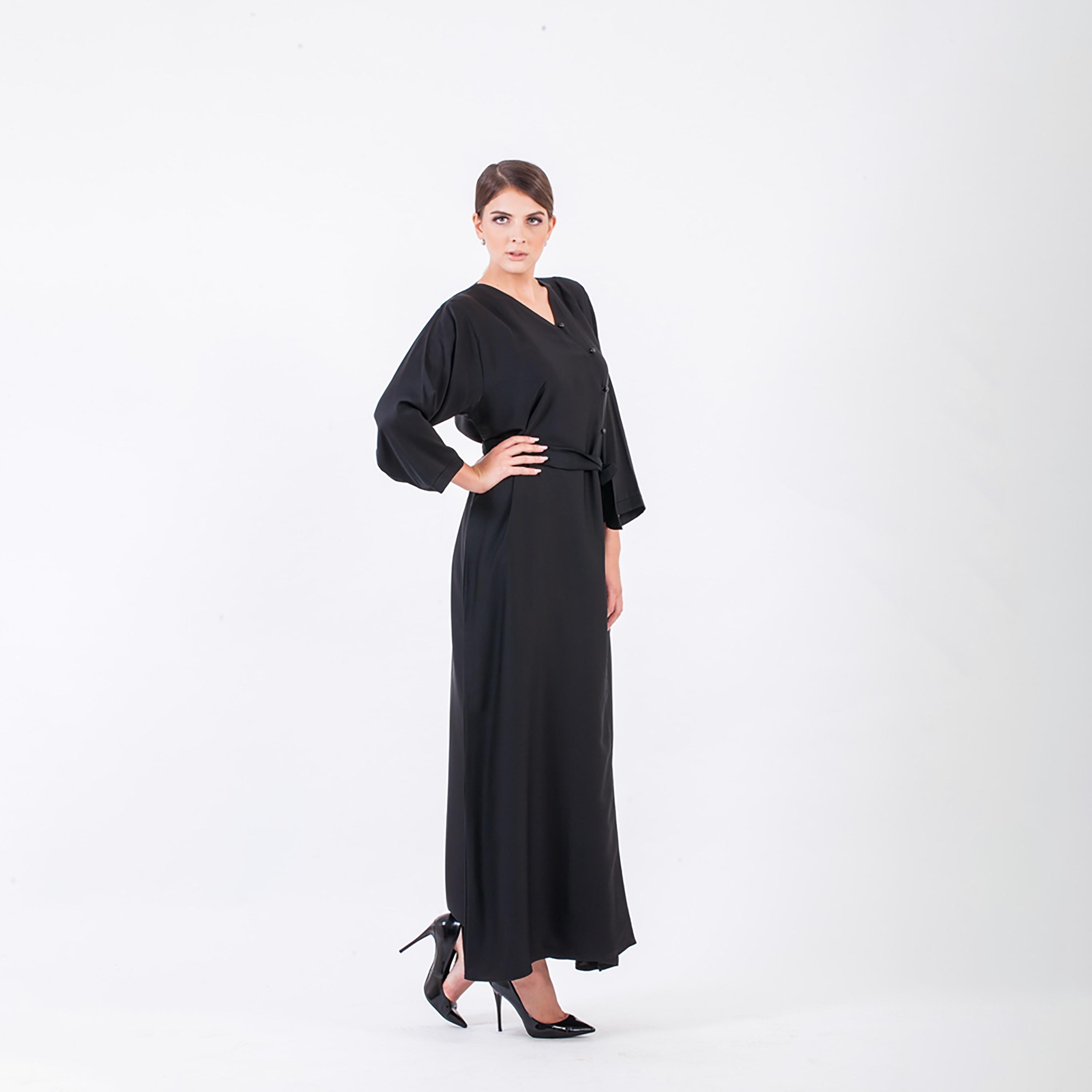 Nukhbaa Plain Jalabiya with Long Sleeves and Front Tie-Up Belted-women-arabicclothing-abayas-image-2