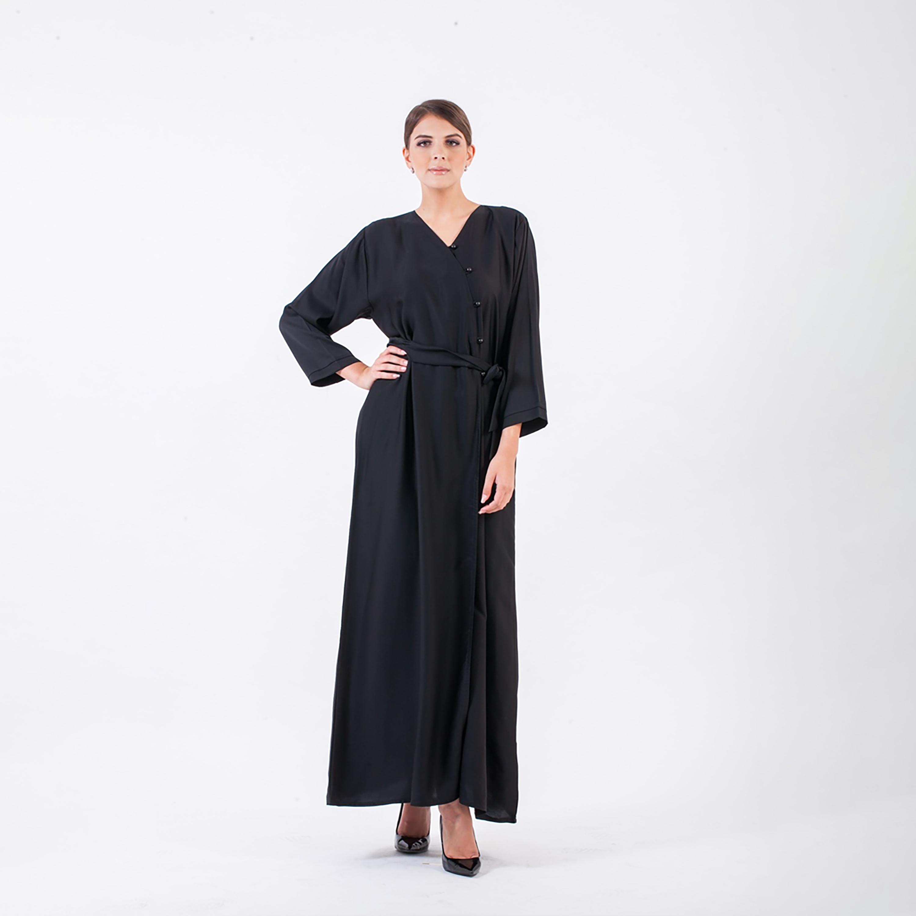 Nukhbaa Plain Jalabiya with Long Sleeves and Front Tie-Up Belted-women-arabicclothing-abayas-image-3