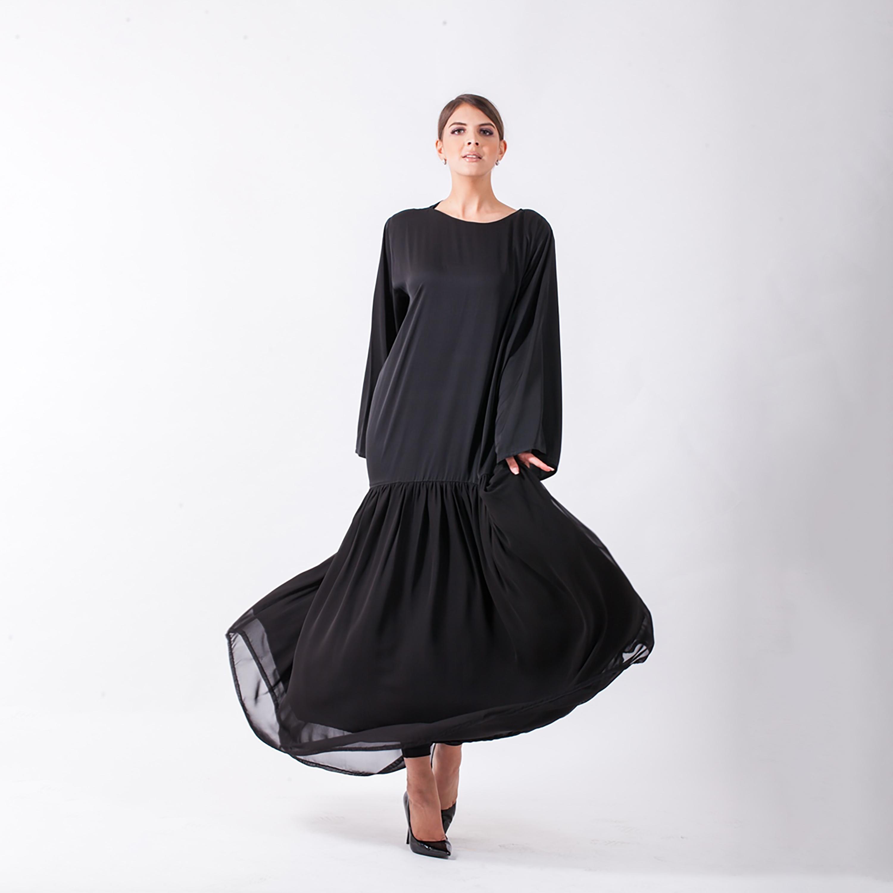 Nukhbaa Plain Jalabiya with Flared Sleeves-women-arabicclothing-abayas-image-2