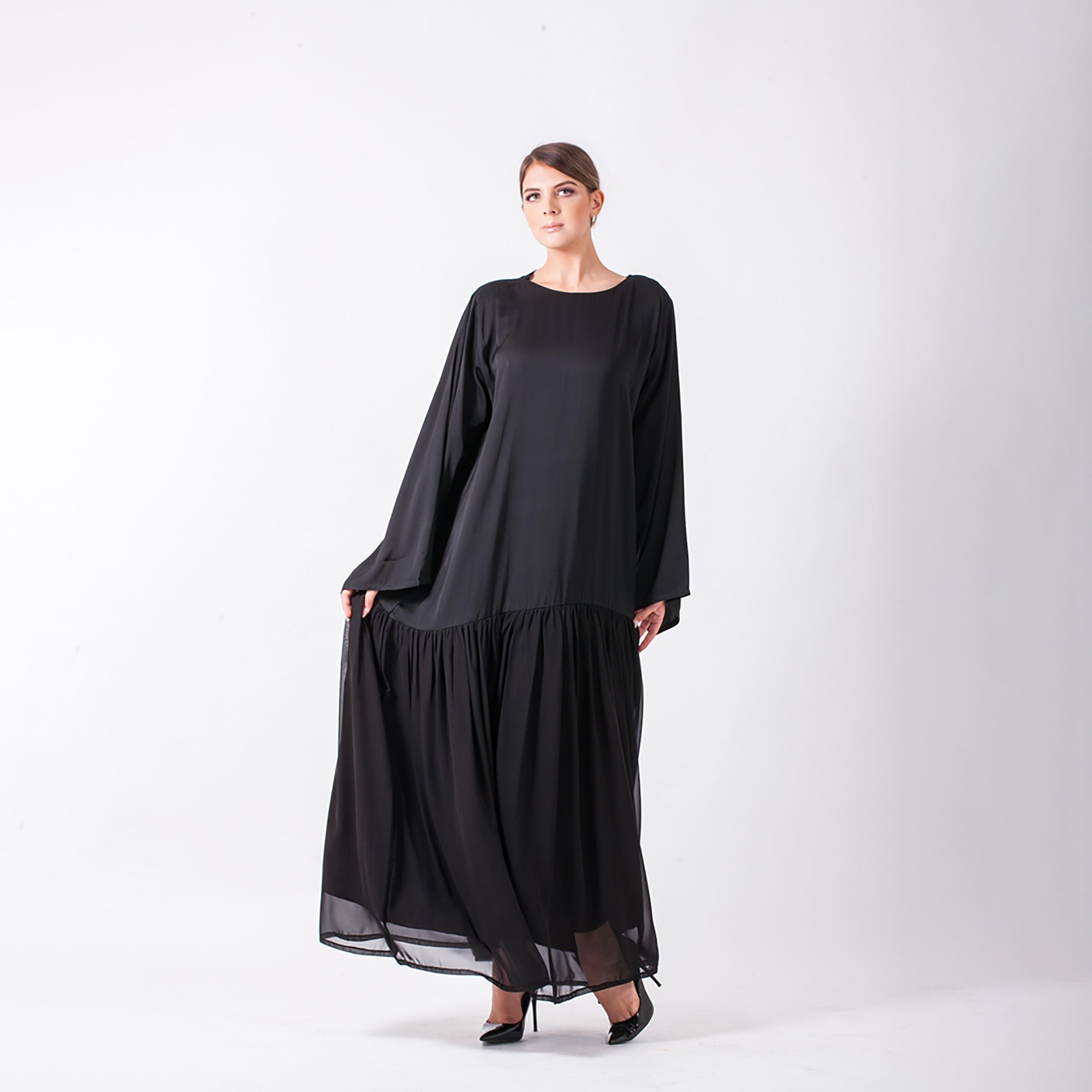 Nukhbaa Plain Jalabiya with Flared Sleeves-women-arabicclothing-abayas-image-3