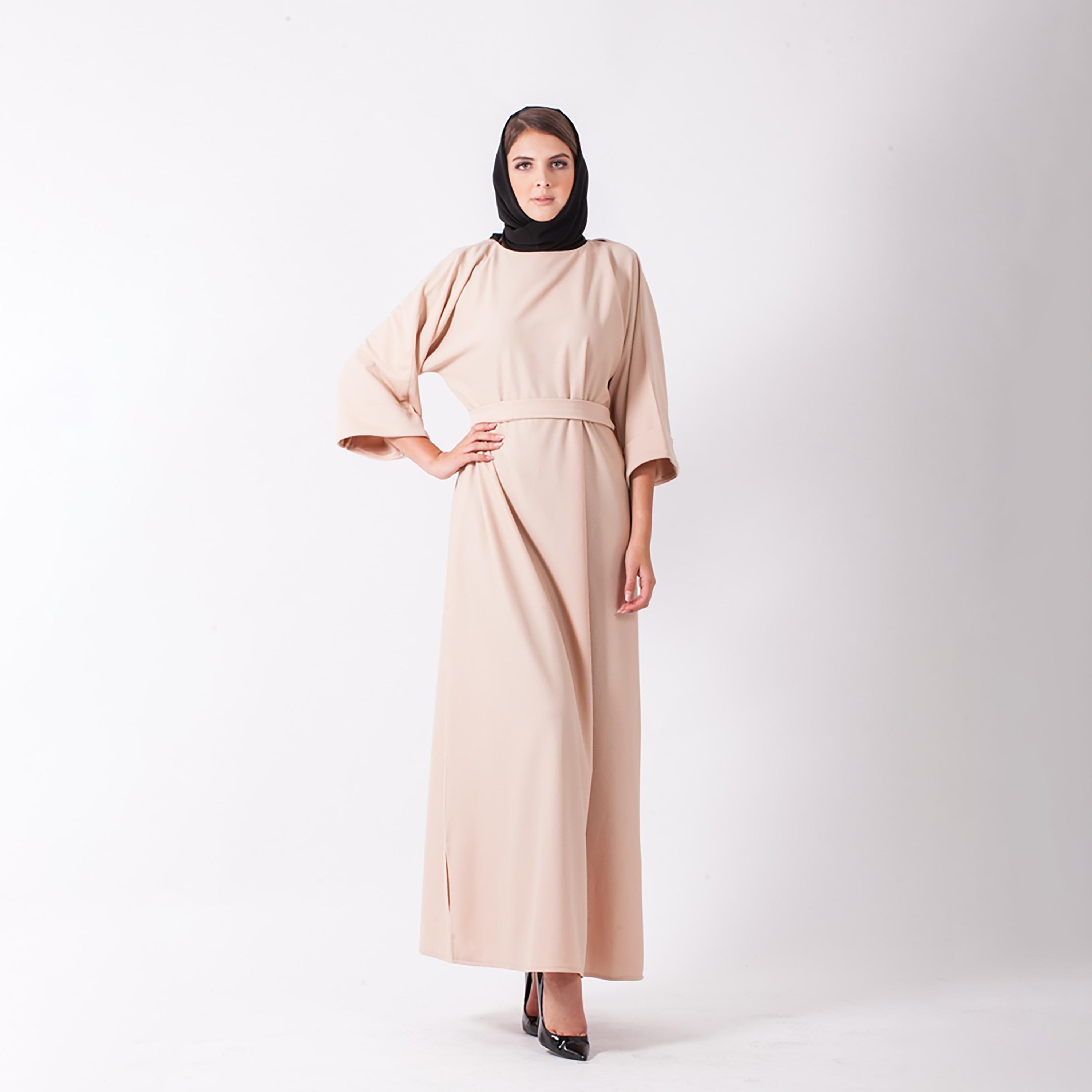 Nukhbaa Plain Jalabiya with Three-Quarter Sleeves and Belted Detailed-women-arabicclothing-abayas-image-1