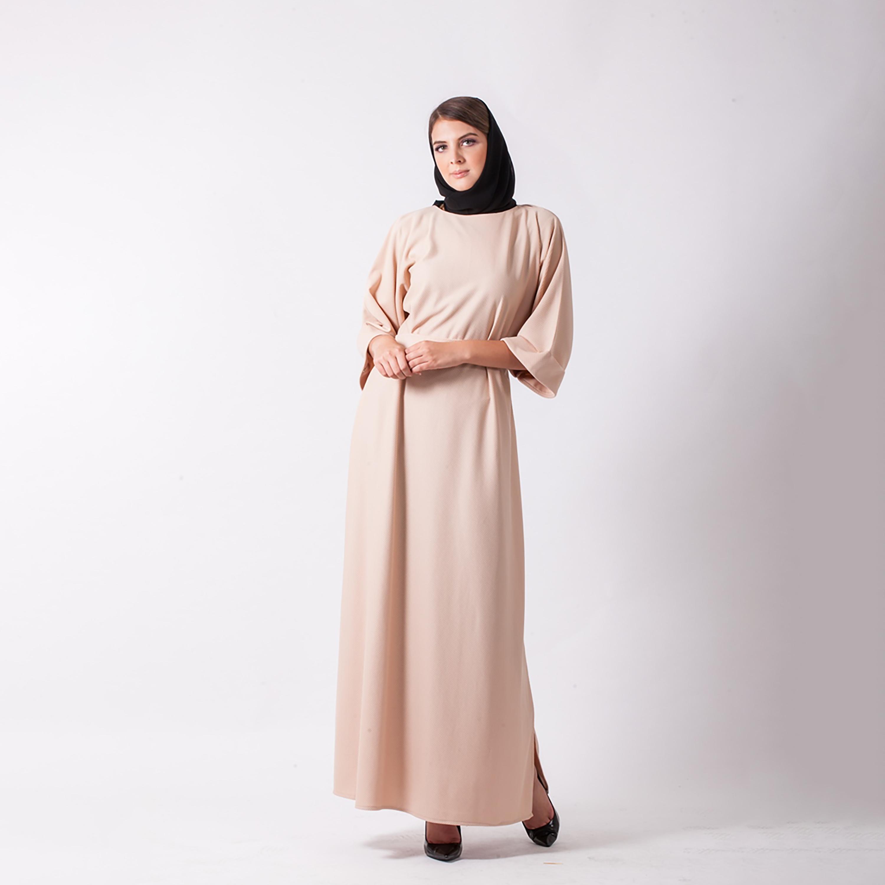 Nukhbaa Plain Jalabiya with Three-Quarter Sleeves and Belted Detailed-women-arabicclothing-abayas-image-2