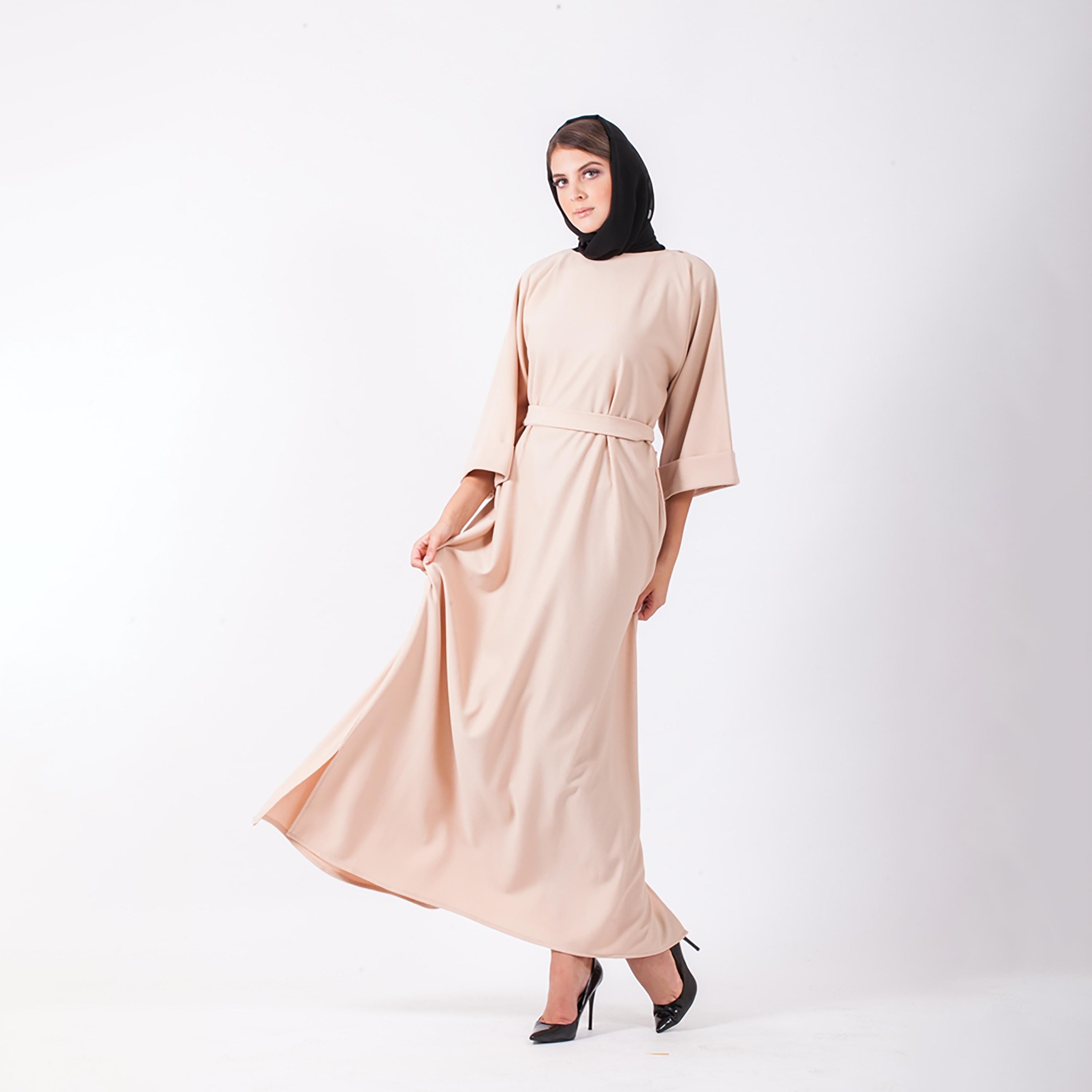 Nukhbaa Plain Jalabiya with Three-Quarter Sleeves and Belted Detailed-women-arabicclothing-abayas-image-3