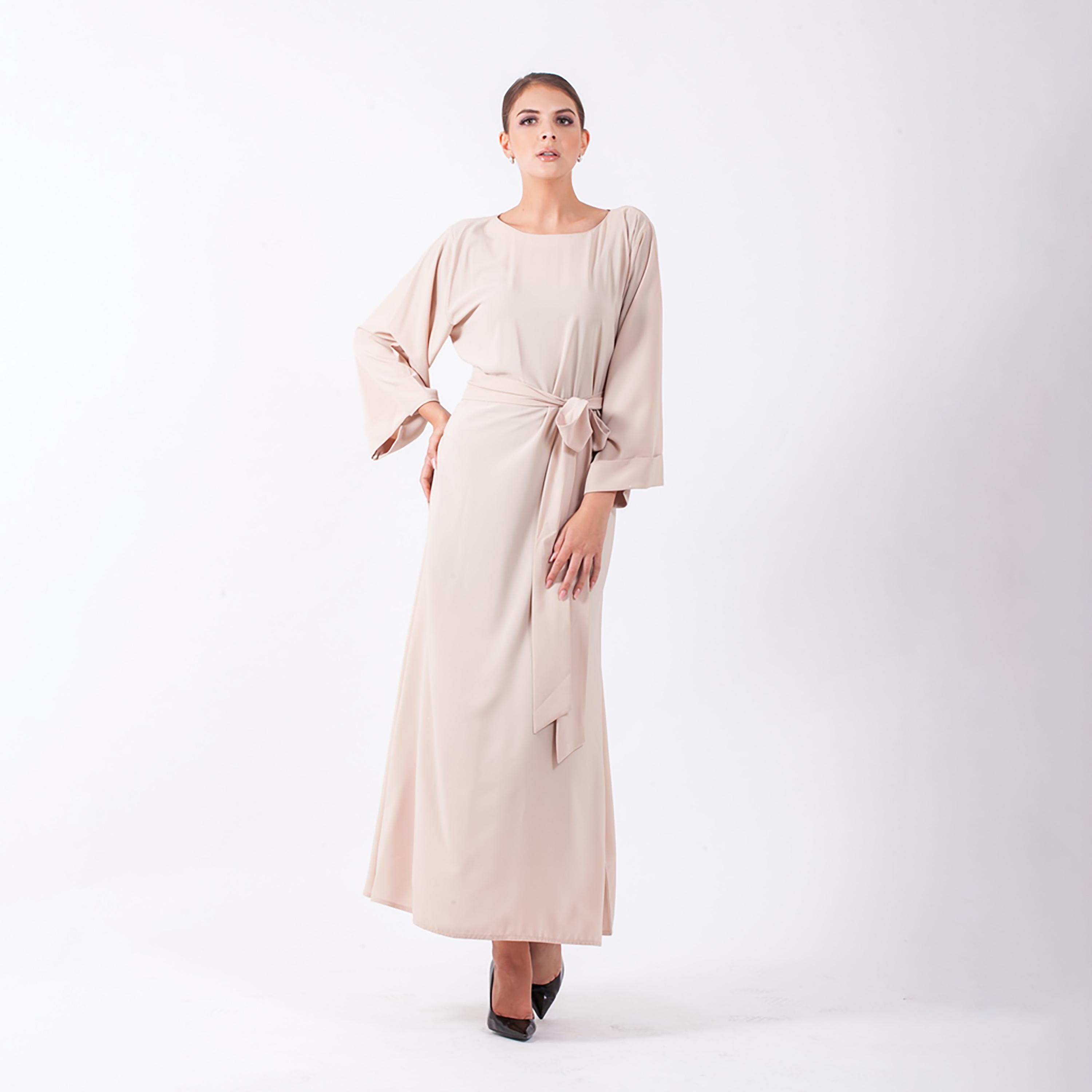 Nukhbaa Plain Jalabiya with Roll-Up Sleeves & Front Tie-Up Belt-women-arabicclothing-abayas-image-1