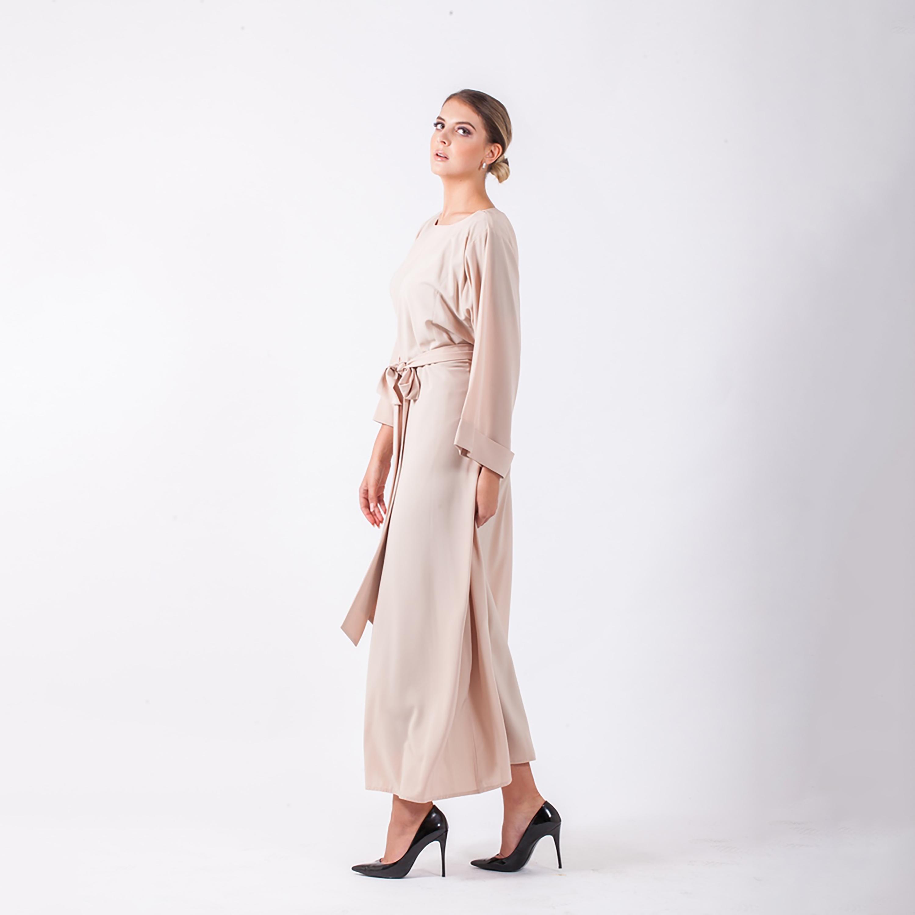 Nukhbaa Plain Jalabiya with Roll-Up Sleeves & Front Tie-Up Belt-women-arabicclothing-abayas-image-2