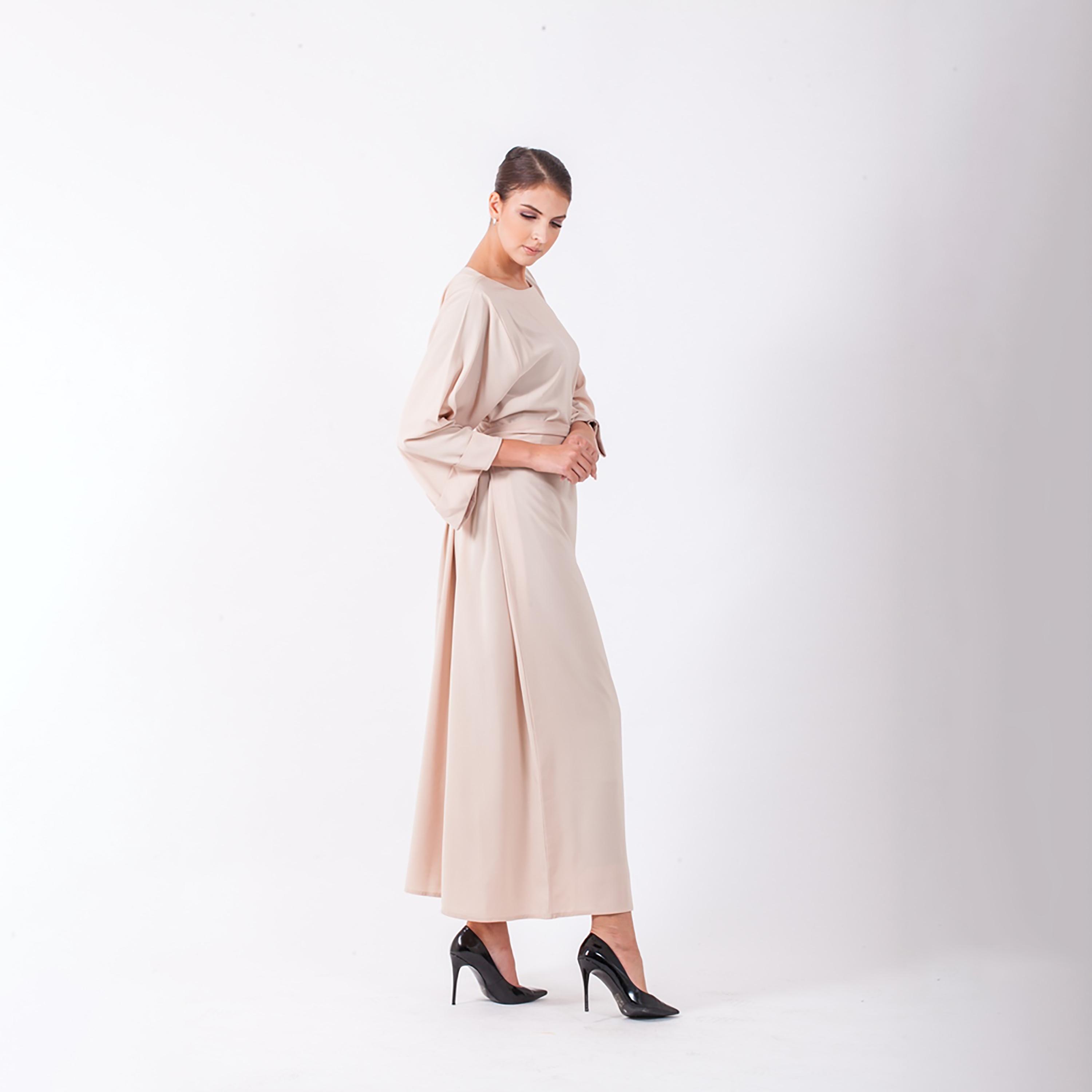 Nukhbaa Plain Jalabiya with Roll-Up Sleeves & Front Tie-Up Belt-women-arabicclothing-abayas-image-3