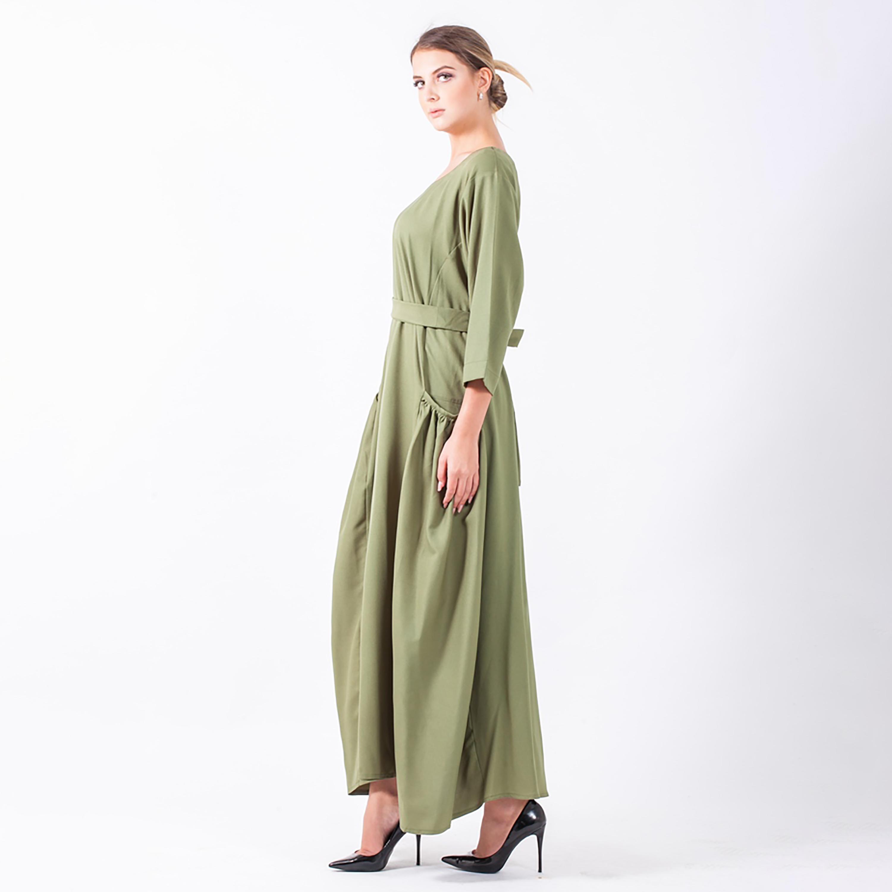 Nukhbaa Plain Jalabiya with Three-Quarter Sleeves & Front Tie-Up Belt-women-arabicclothing-abayas-image-3