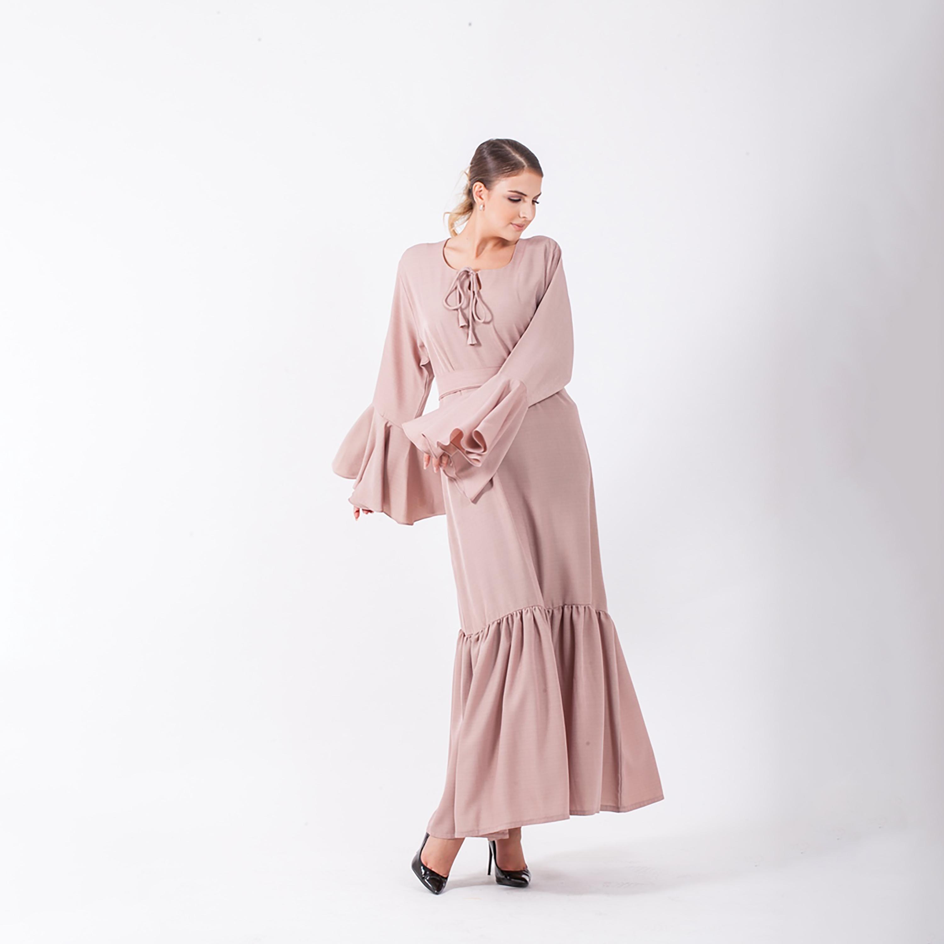 Nukhbaa Plain Jalabiya with Bell Sleeves & Belted Detail-women-arabicclothing-abayas-image-1
