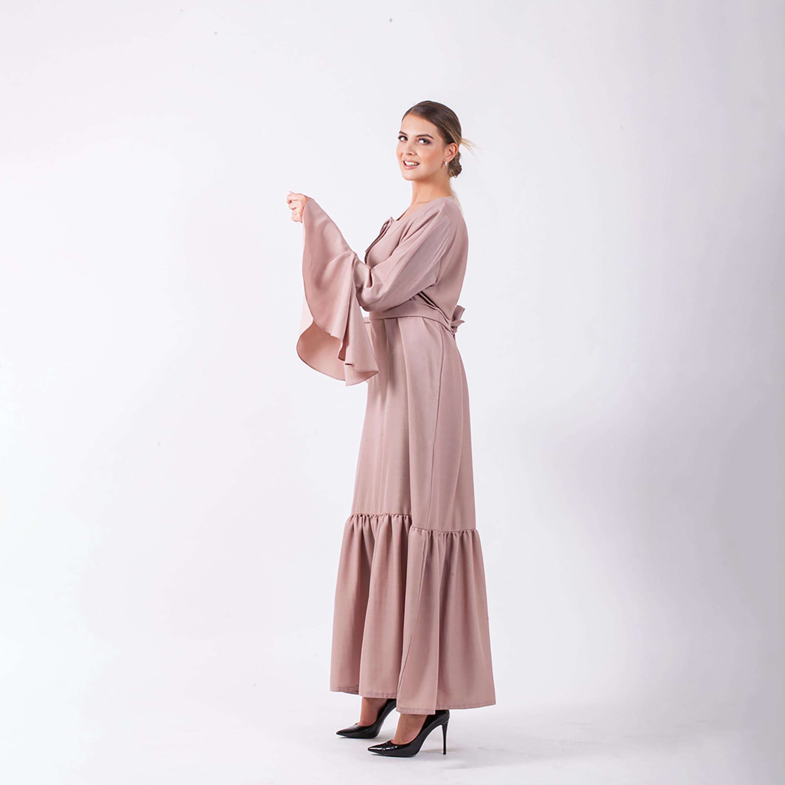 Nukhbaa Plain Jalabiya with Bell Sleeves & Belted Detail-women-arabicclothing-abayas-image-2