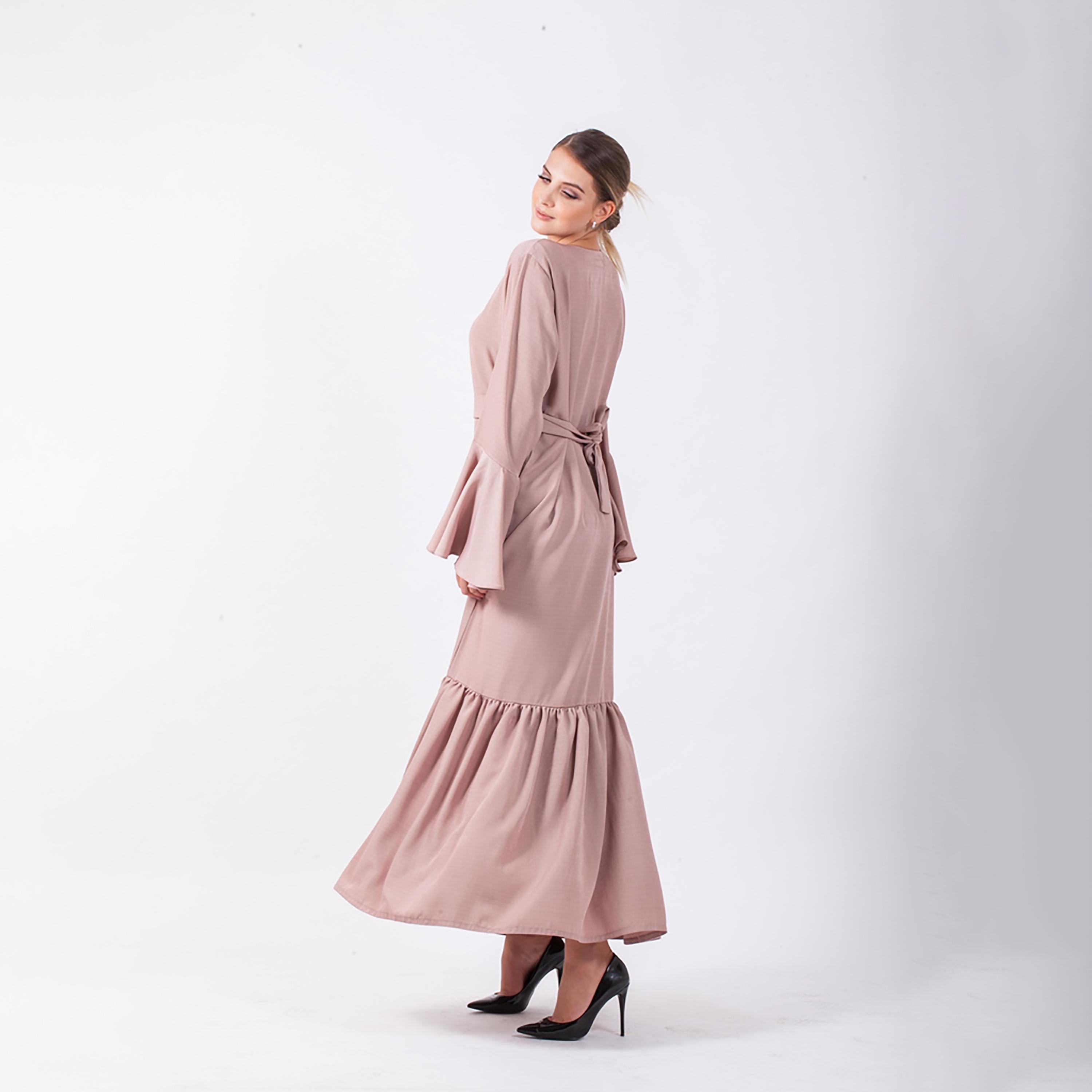 Nukhbaa Plain Jalabiya with Bell Sleeves & Belted Detail-women-arabicclothing-abayas-image-3