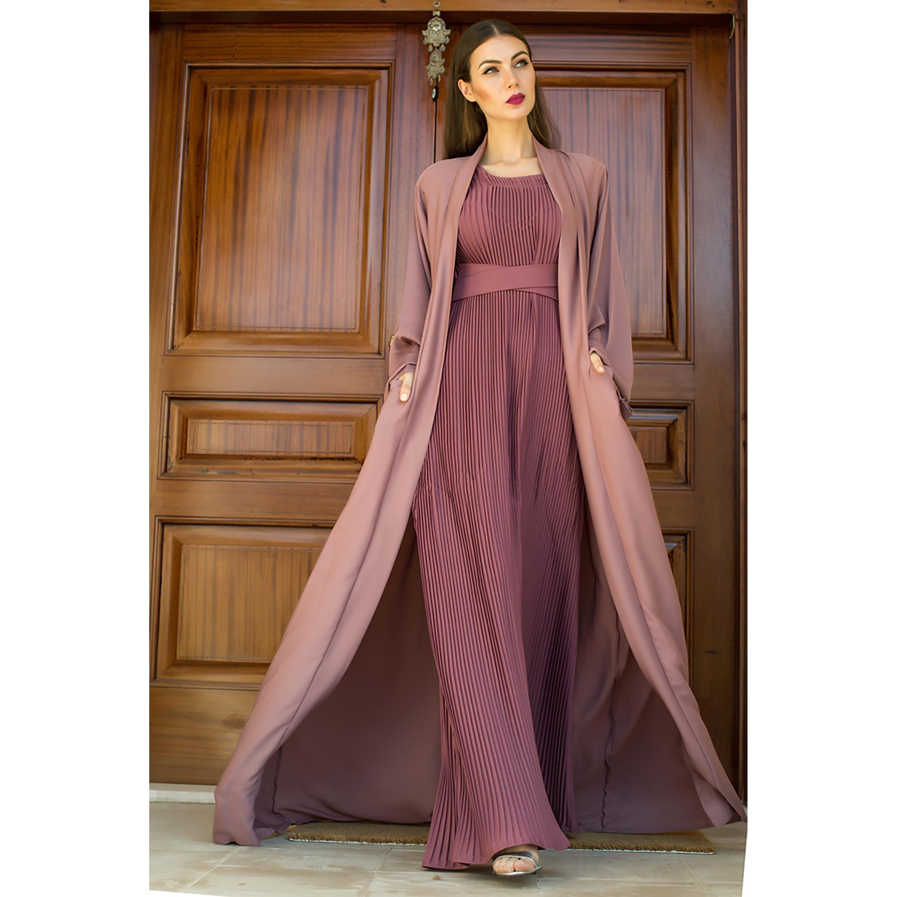 Nukhbaa Plain Front Pocket Abaya with Pleated Inner Dress-women-arabicclothing-abayas-image-1