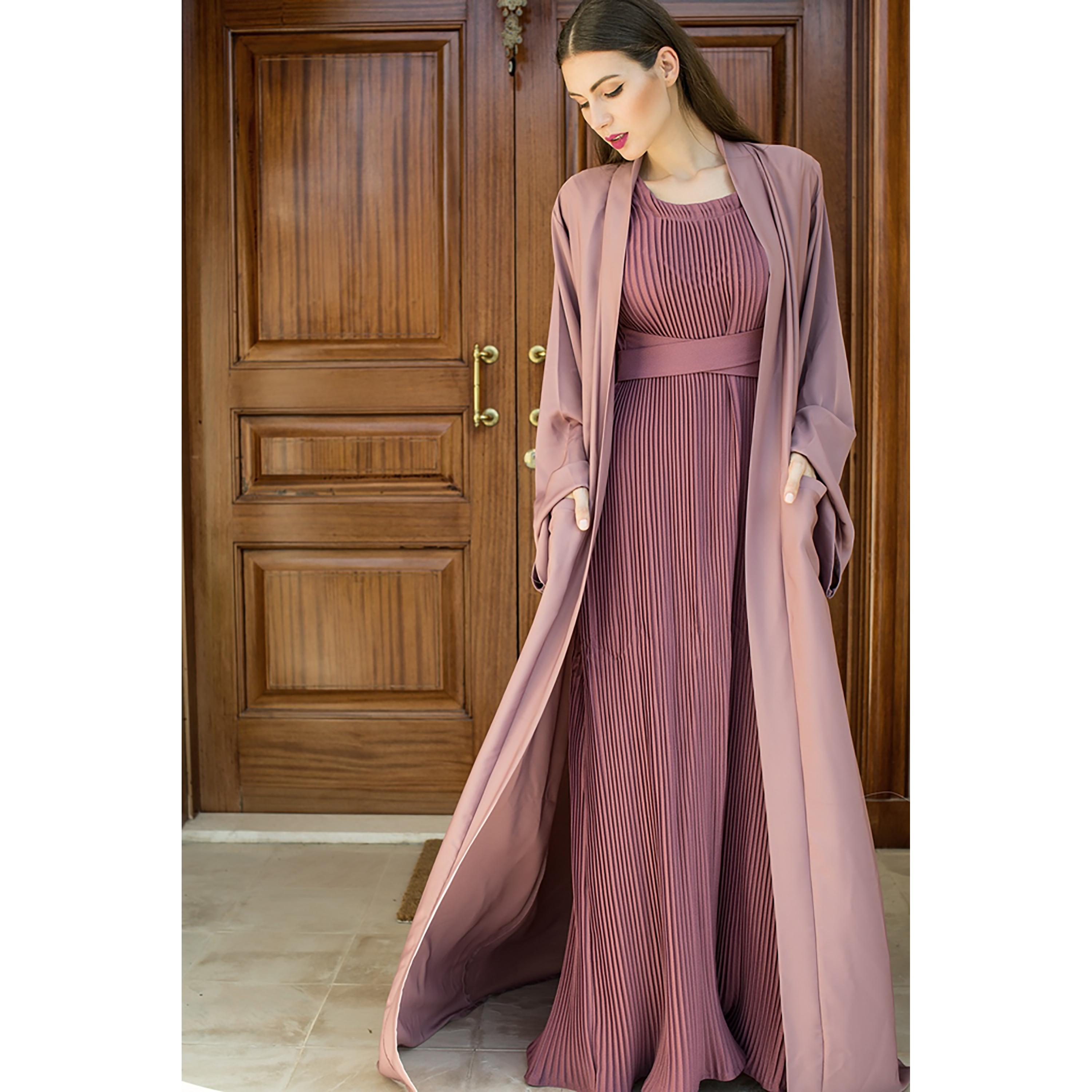 Nukhbaa Plain Front Pocket Abaya with Pleated Inner Dress-women-arabicclothing-abayas-image-2