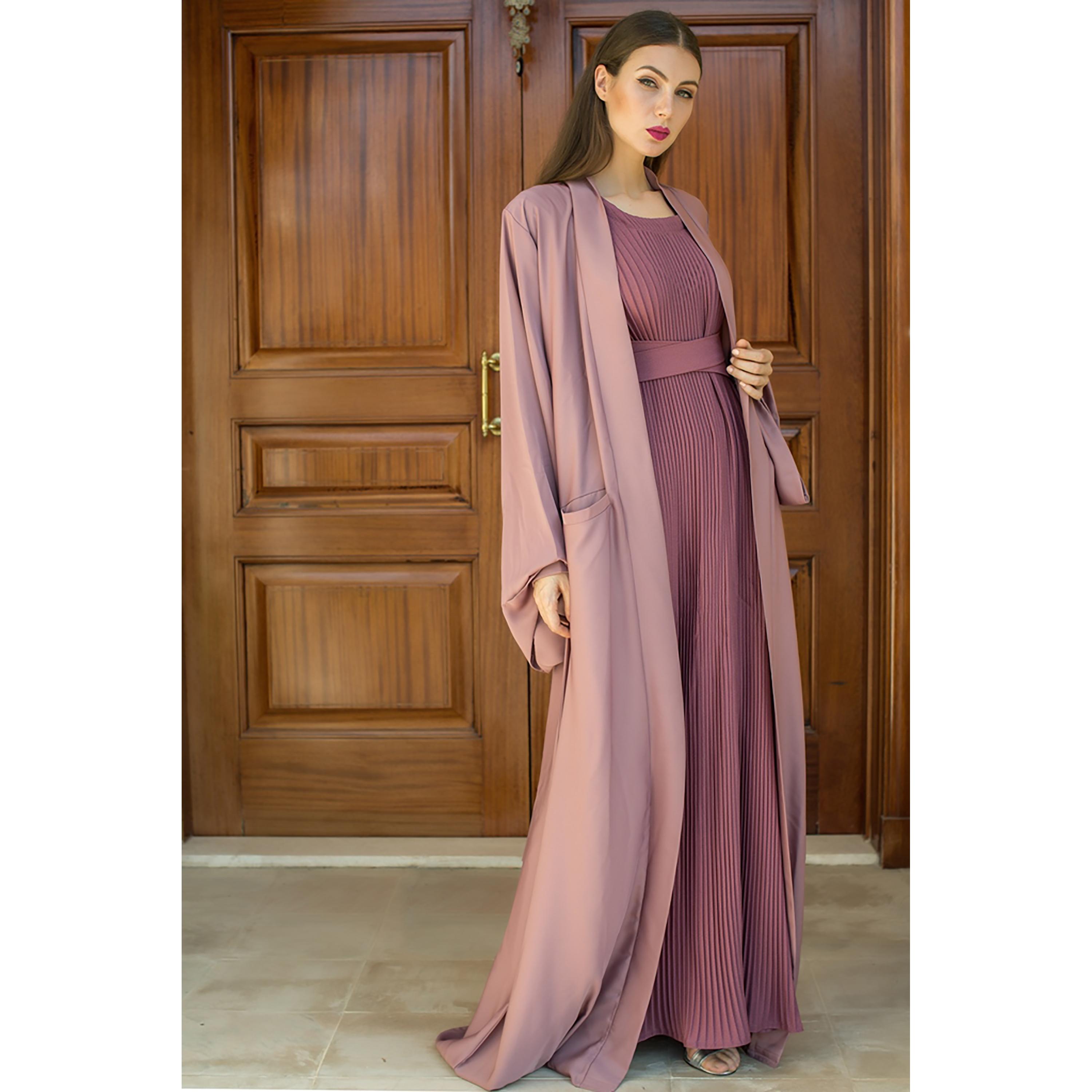 Nukhbaa Plain Front Pocket Abaya with Pleated Inner Dress-women-arabicclothing-abayas-image-3