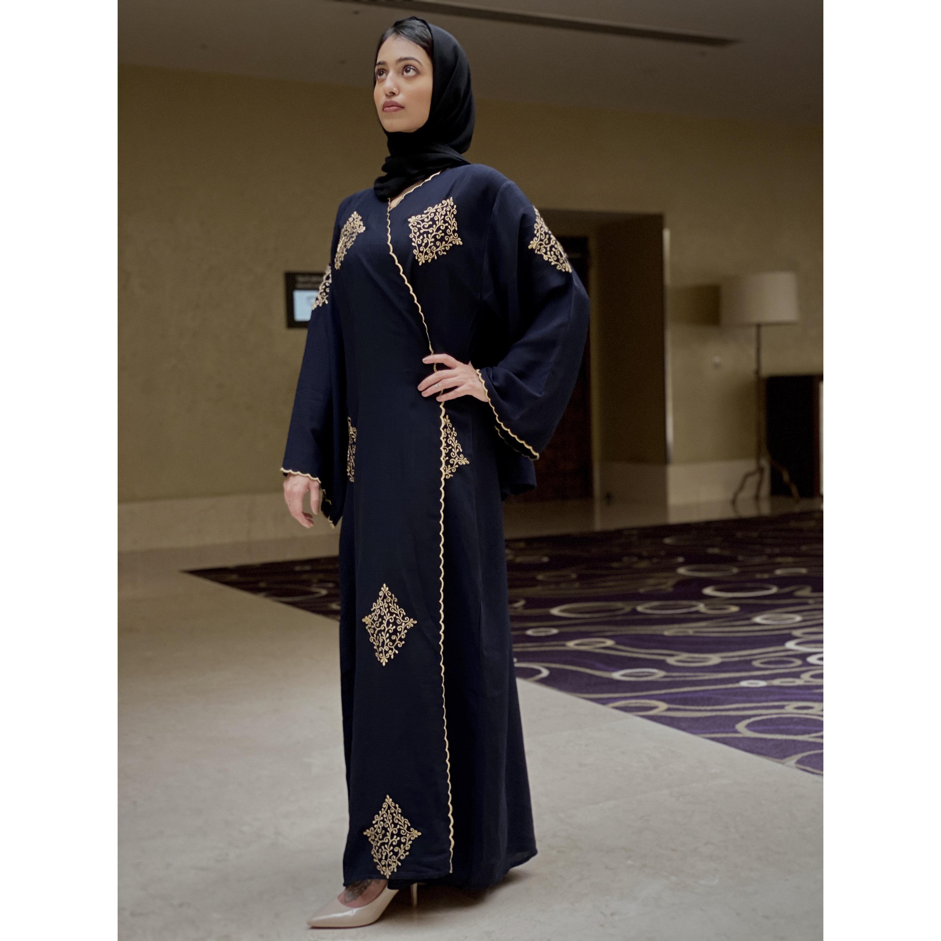 Nukhbaa Embroidered Wide Sleeves Crepe Nida Evening Women's Wrap Abaya with Hijab-women-arabicclothing-abayas-image-1