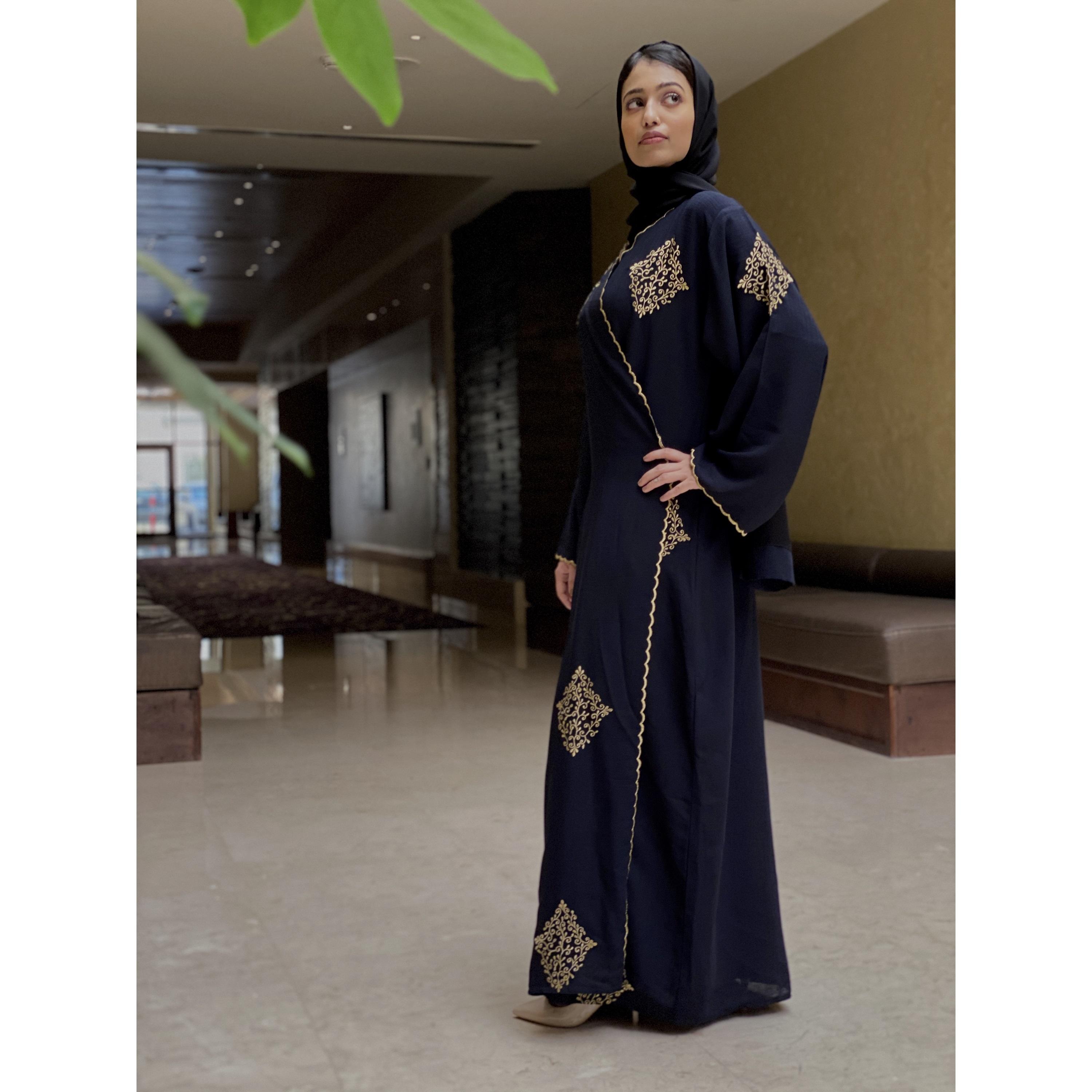 Nukhbaa Embroidered Wide Sleeves Crepe Nida Evening Women's Wrap Abaya with Hijab-women-arabicclothing-abayas-image-2