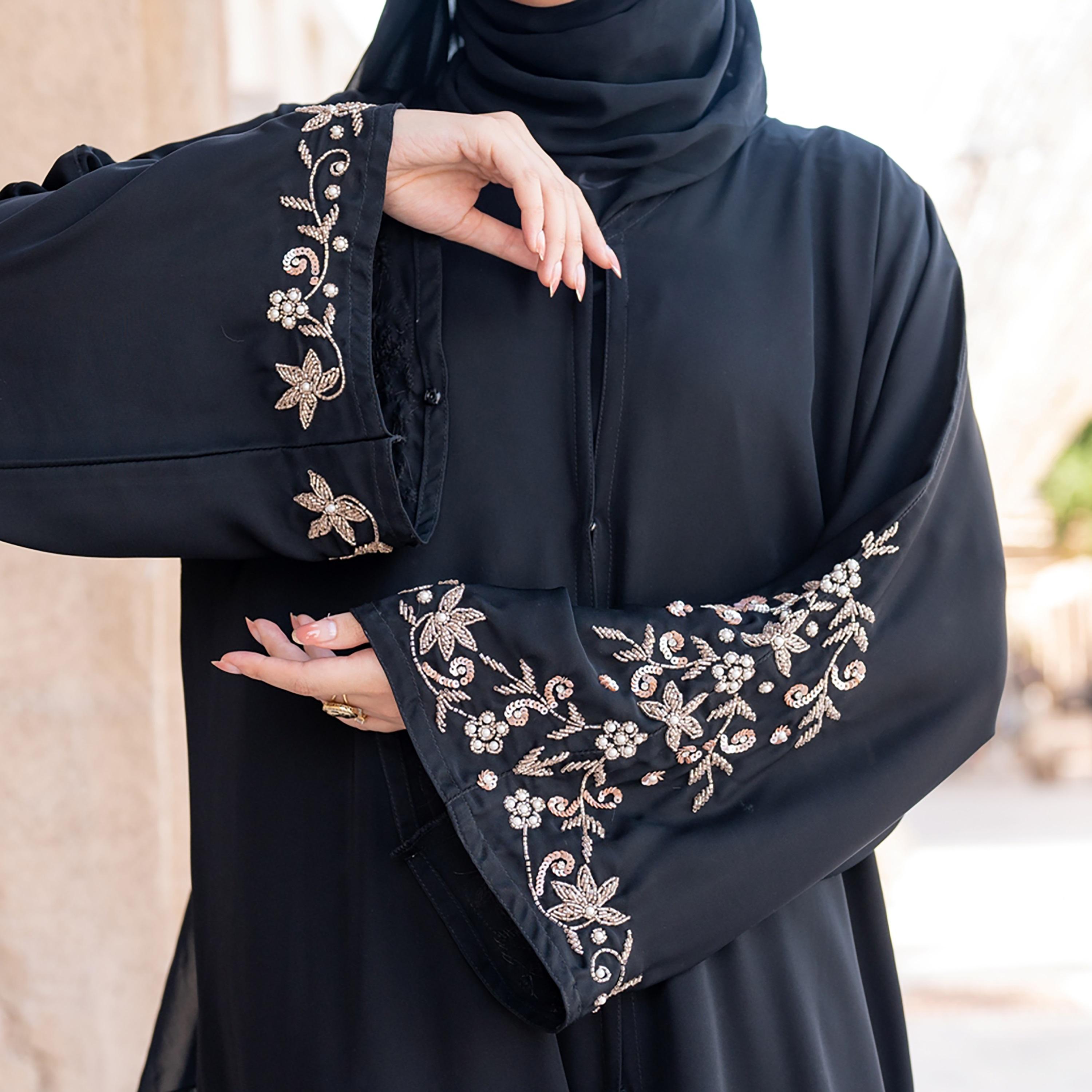 Nukhbaa Embellished & Beaded Detailed Sleeves Abaya with Hijab-women-arabicclothing-abayas-image-2