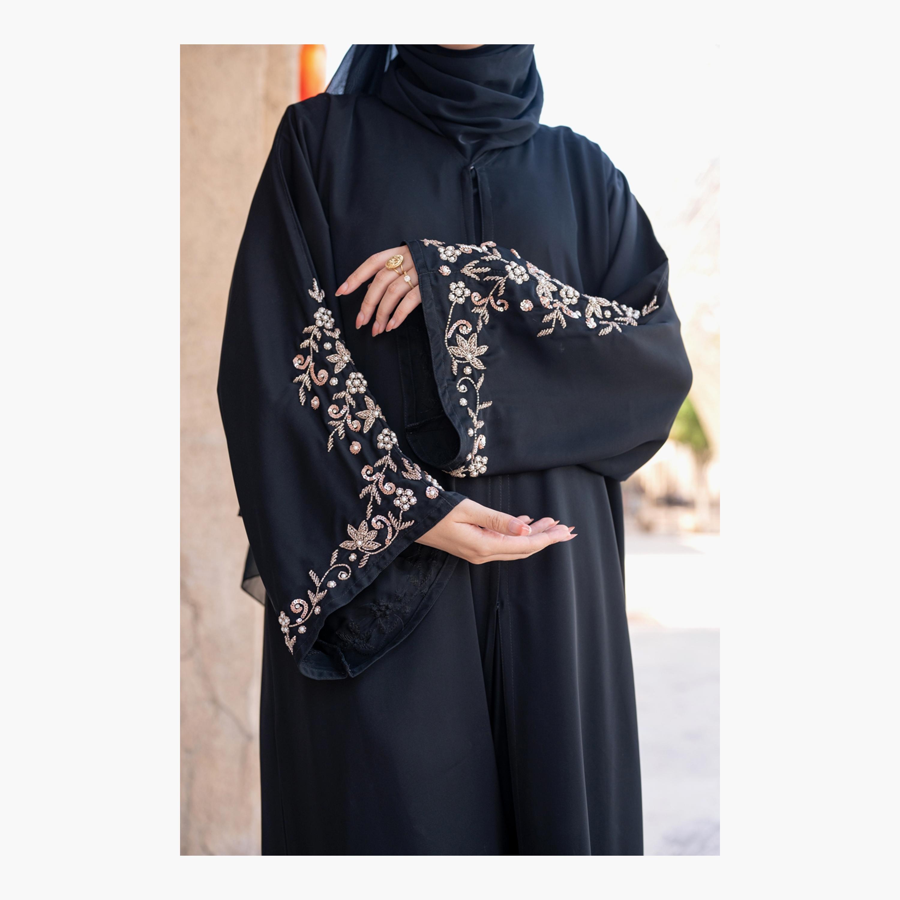 Nukhbaa Embellished & Beaded Detailed Sleeves Abaya with Hijab-women-arabicclothing-abayas-image-3