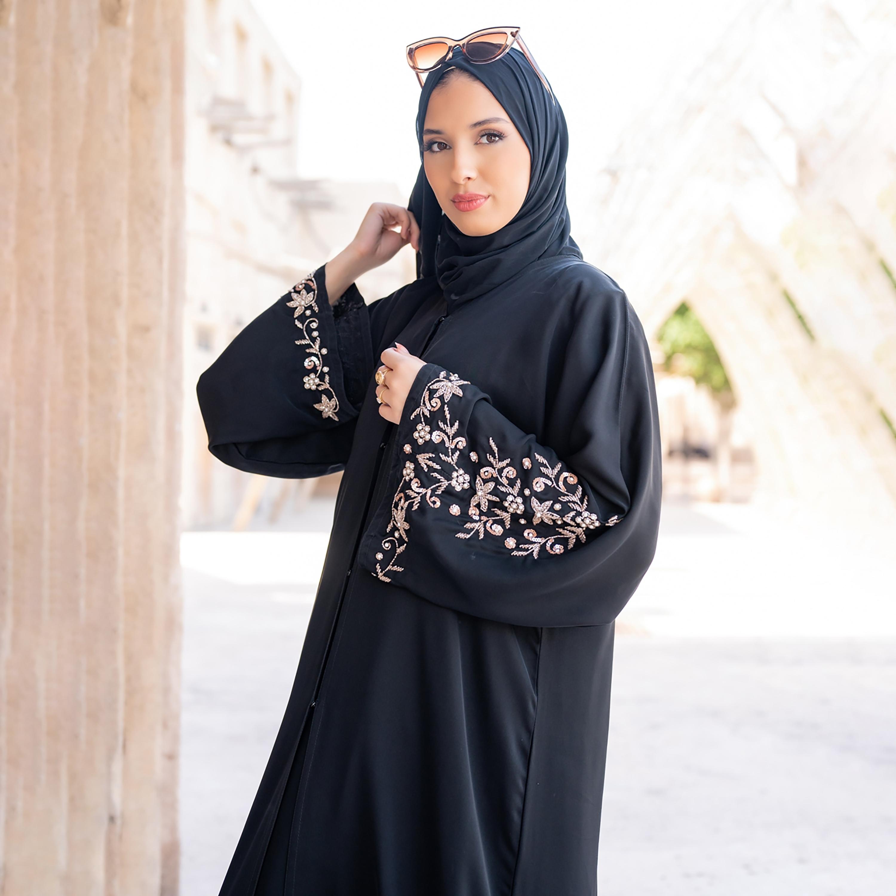 Nukhbaa Embellished & Beaded Detailed Sleeves Abaya with Hijab-women-arabicclothing-abayas-image-4