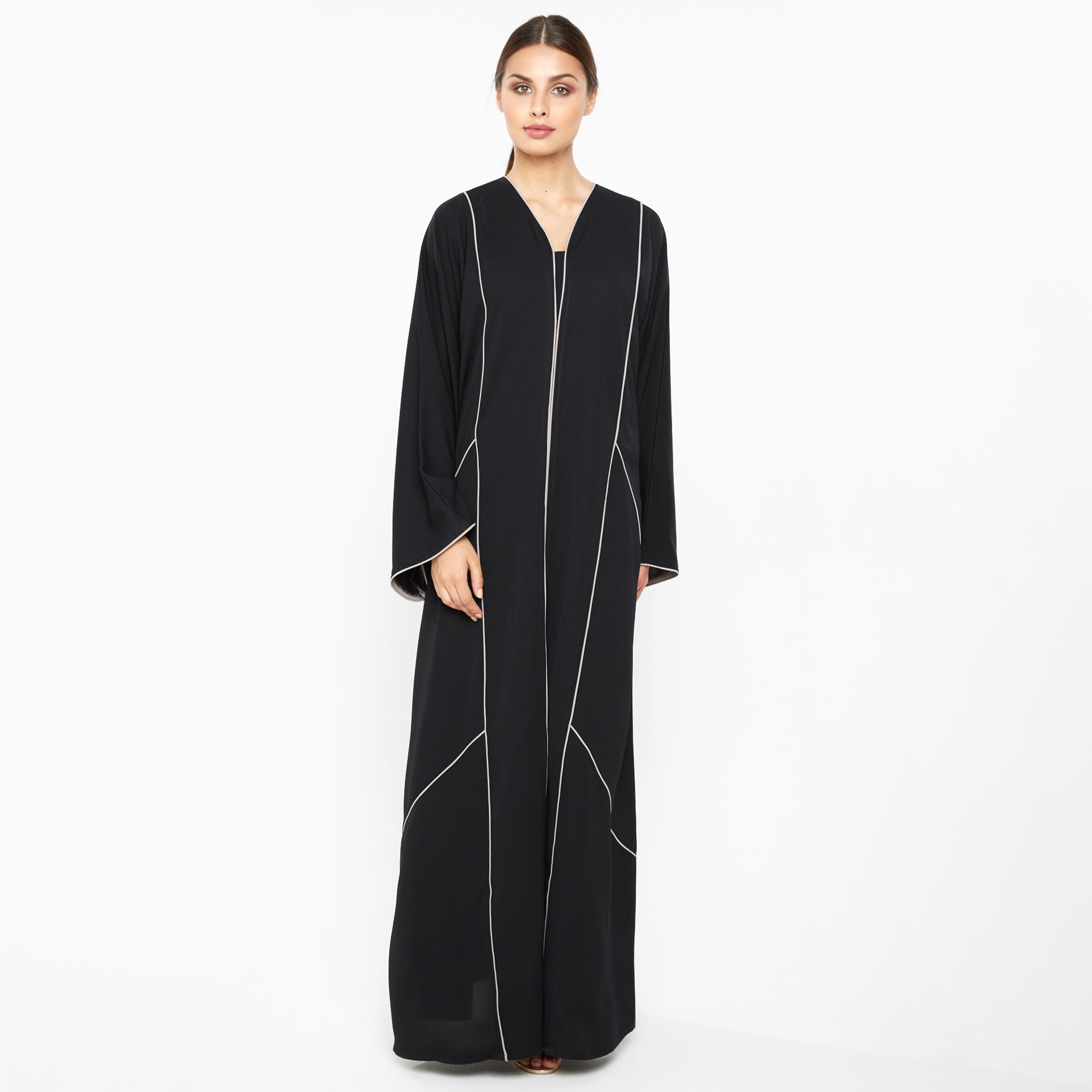Nukhbaa Black Piping Detailed Flared Sleeves Women's Abaya-women-arabicclothing-abayas-image-1