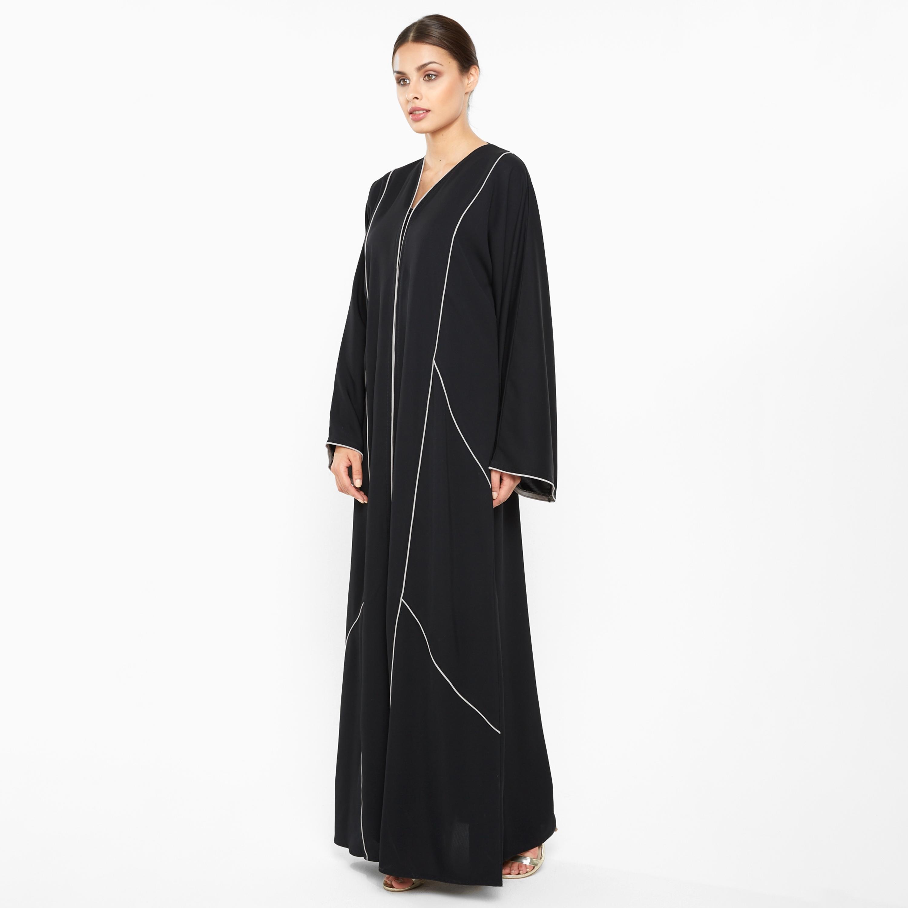 Nukhbaa Black Piping Detailed Flared Sleeves Women's Abaya-women-arabicclothing-abayas-image-2