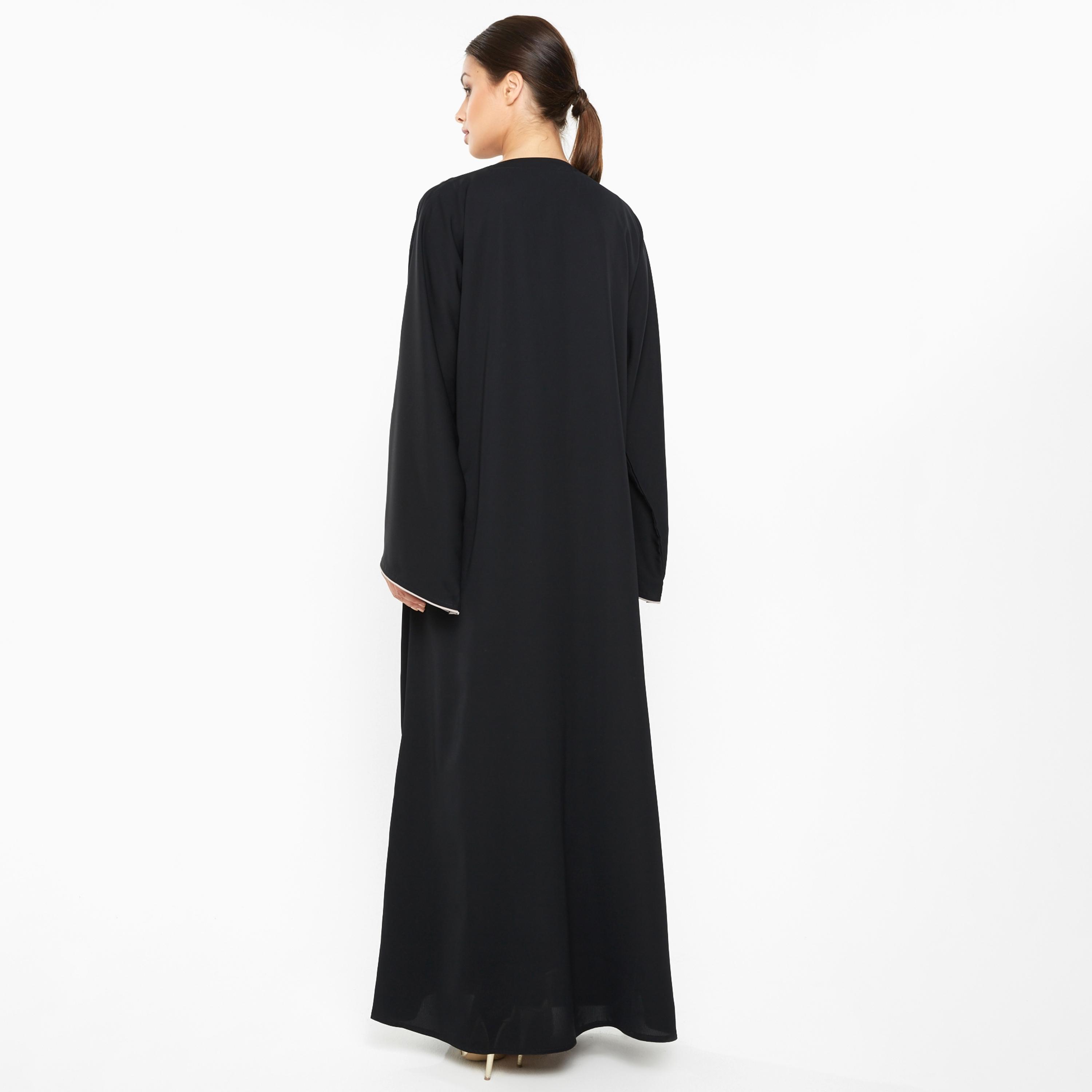Nukhbaa Black Piping Detailed Flared Sleeves Women's Abaya-women-arabicclothing-abayas-image-3