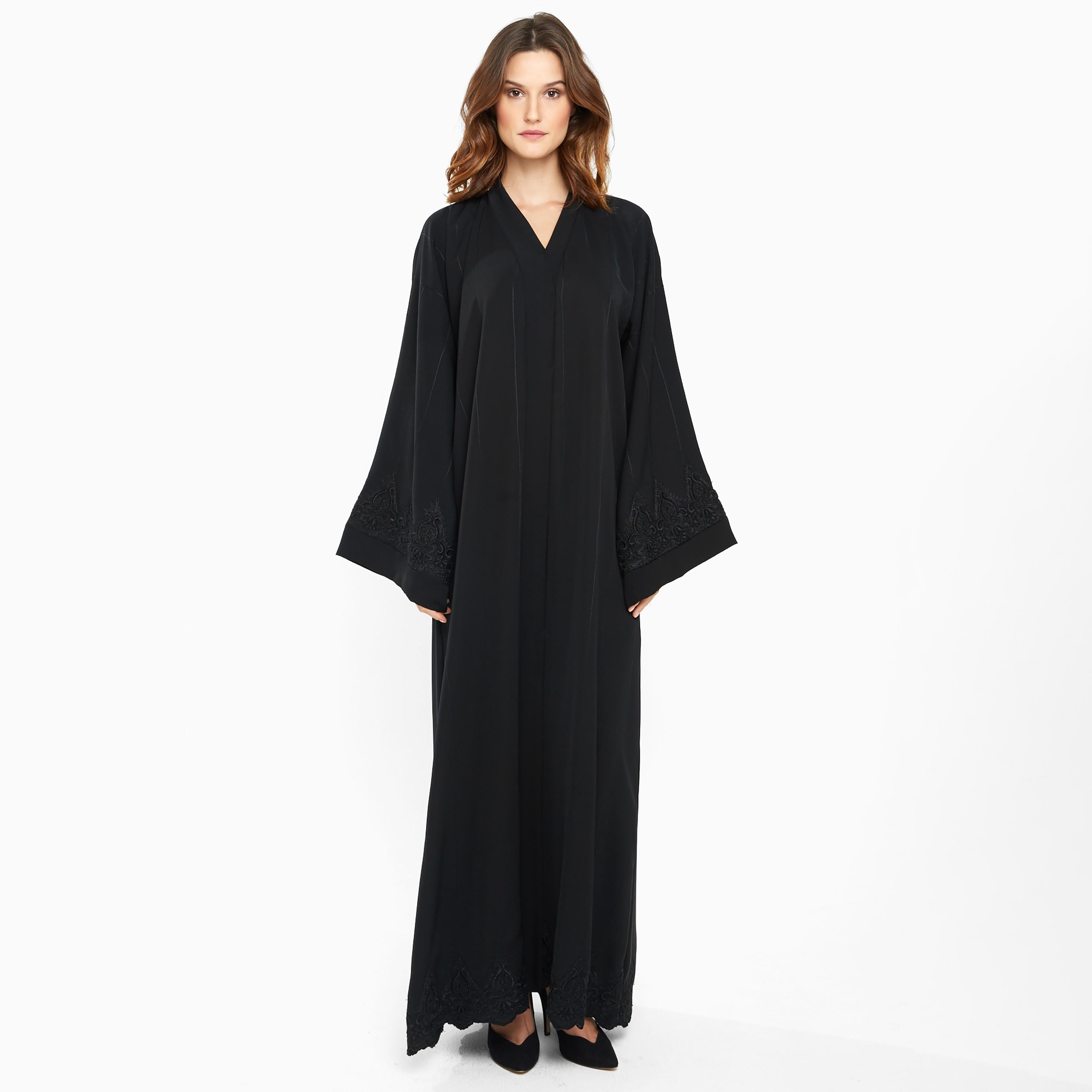 Nukhbaa Black Embroidered Designed Flared Sleeves Nida Women's Abaya with Hijab-women-arabicclothing-abayas-image-1