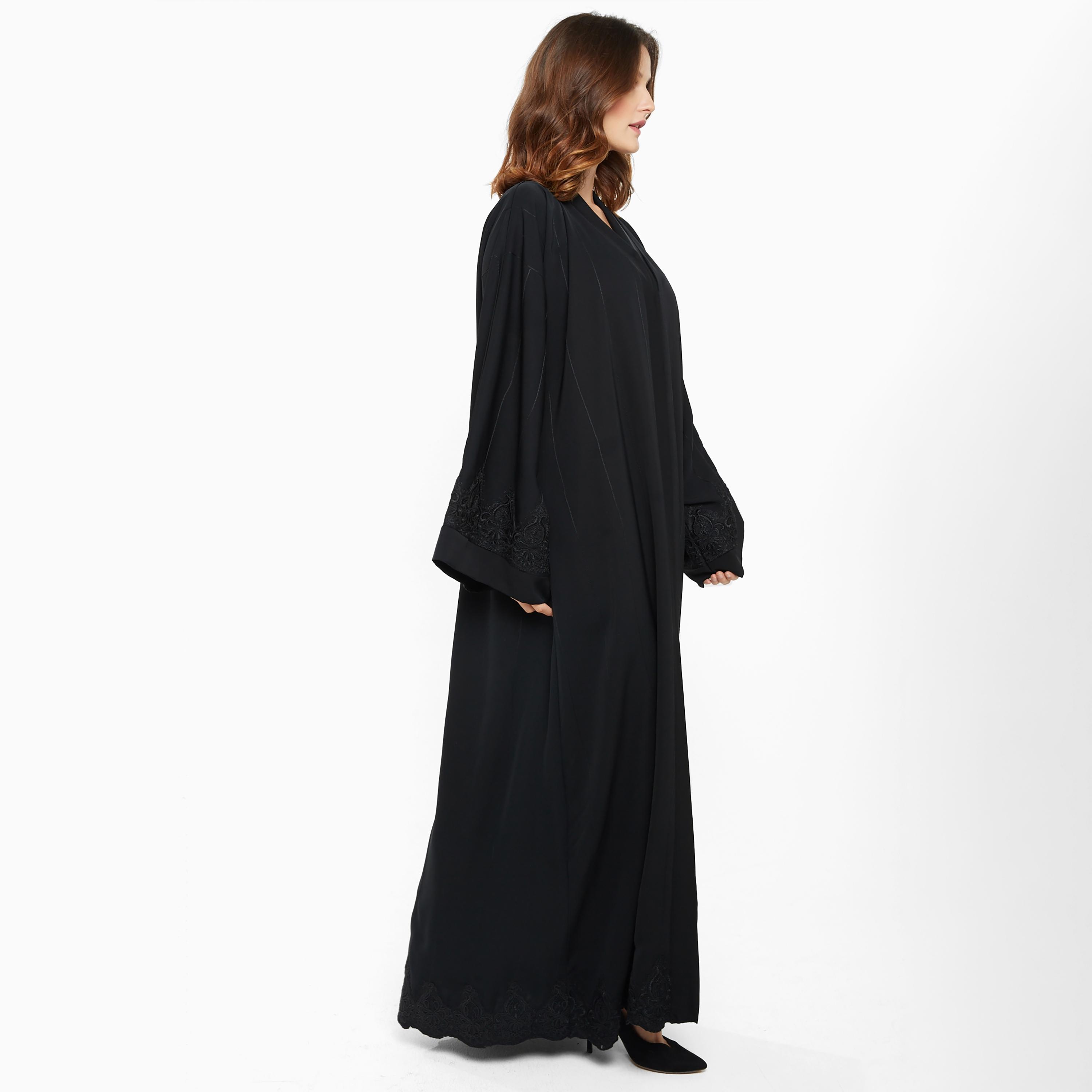 Nukhbaa Black Embroidered Designed Flared Sleeves Nida Women's Abaya with Hijab-women-arabicclothing-abayas-image-2