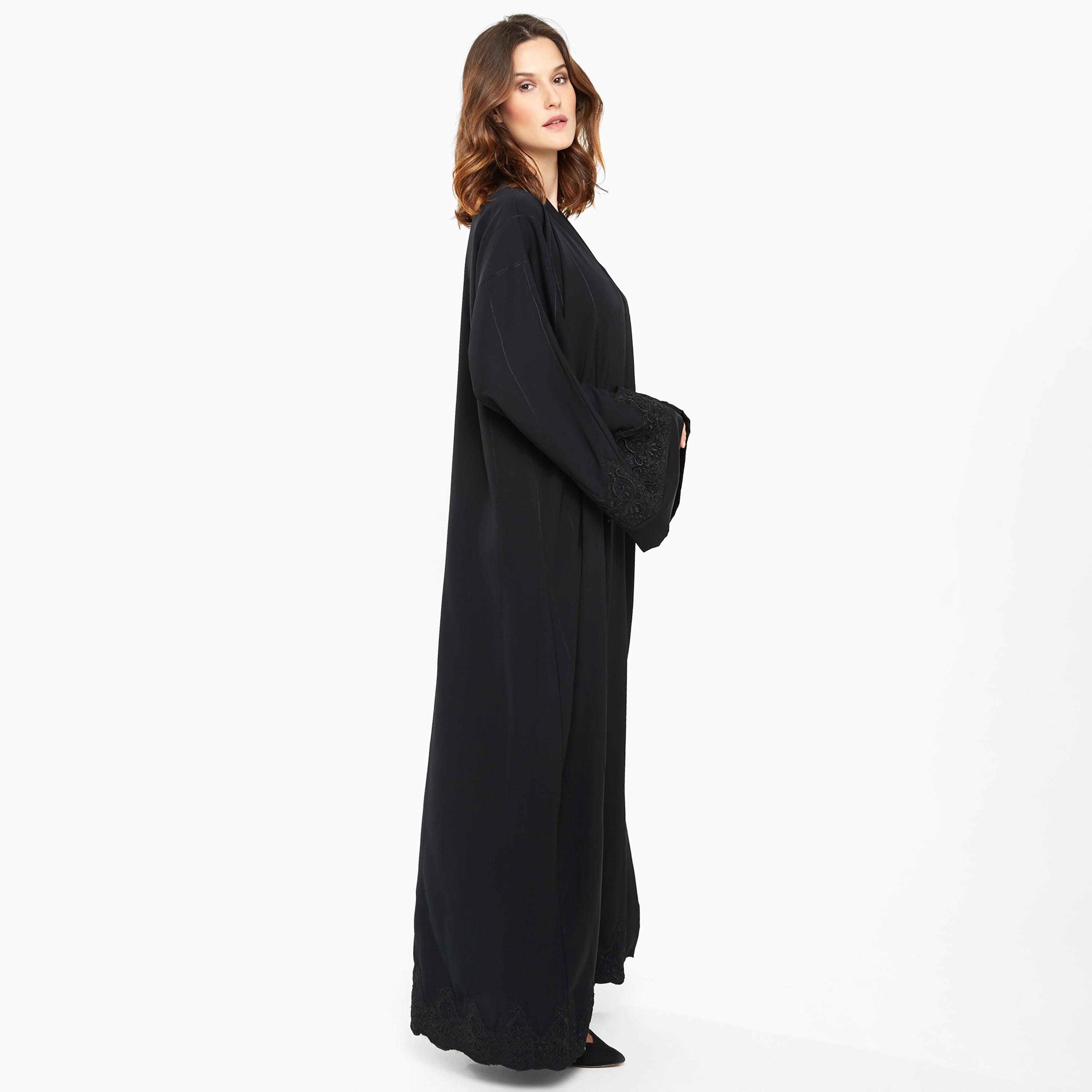 Nukhbaa Black Embroidered Designed Flared Sleeves Nida Women's Abaya with Hijab-women-arabicclothing-abayas-image-3