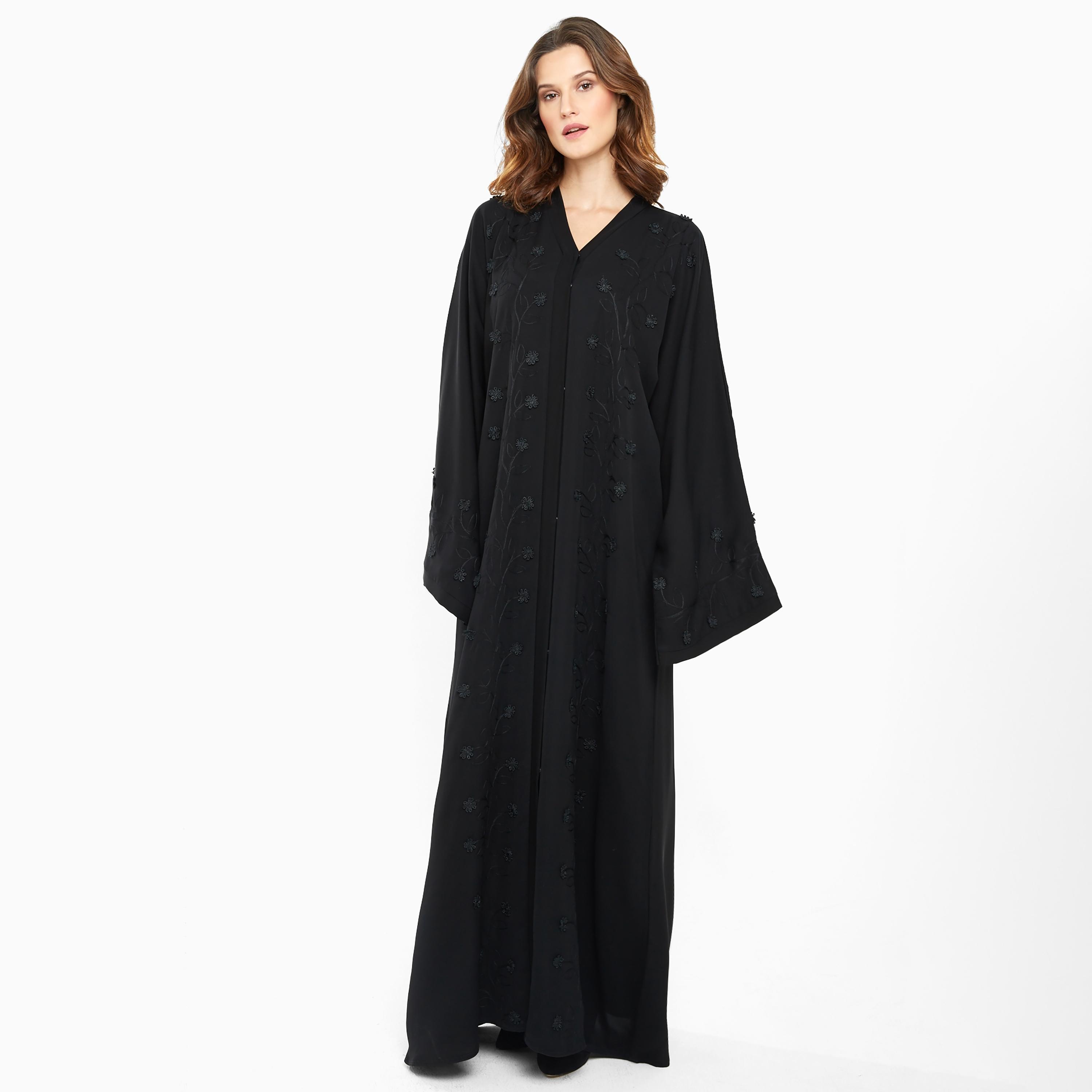 Nukhbaa Black Floral Embroidery Detailing Flared Sleeves Nida Women's Abaya with Hijab-women-arabicclothing-abayas-image-1