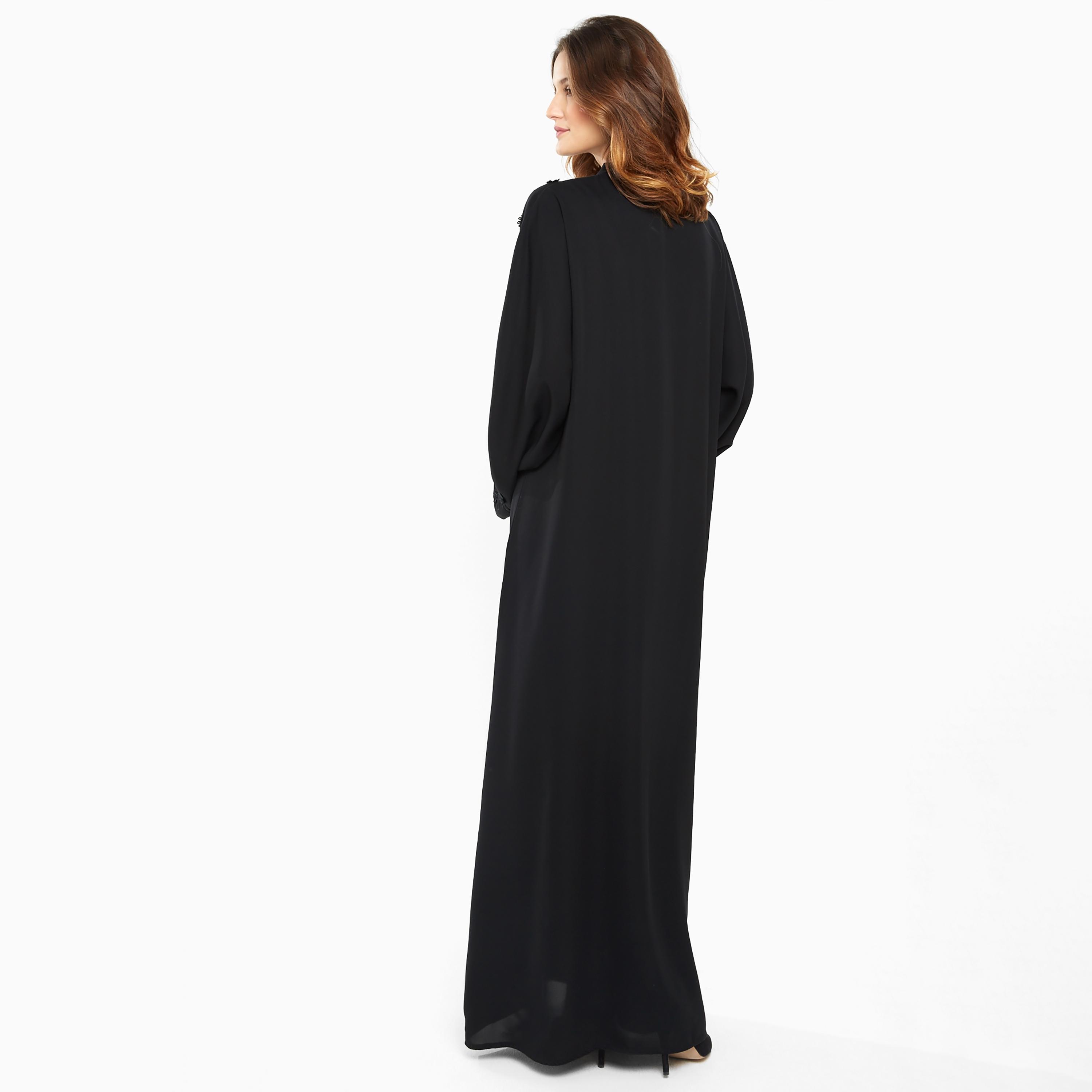 Nukhbaa Black Floral Embroidery Detailing Flared Sleeves Nida Women's Abaya with Hijab-women-arabicclothing-abayas-image-2