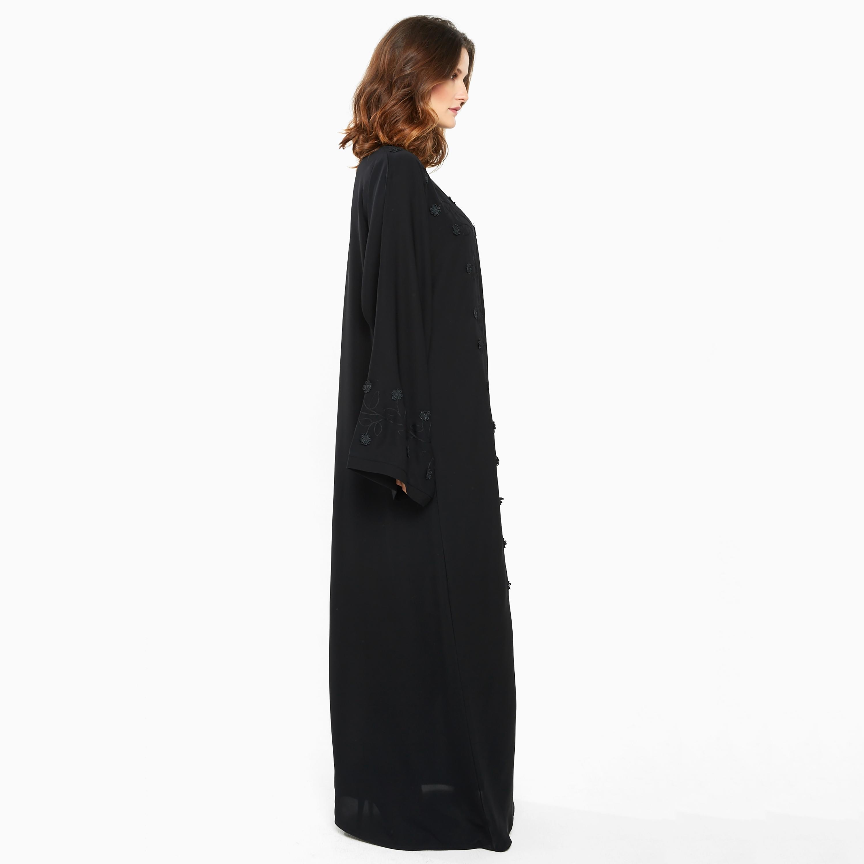 Nukhbaa Black Floral Embroidery Detailing Flared Sleeves Nida Women's Abaya with Hijab-women-arabicclothing-abayas-image-3