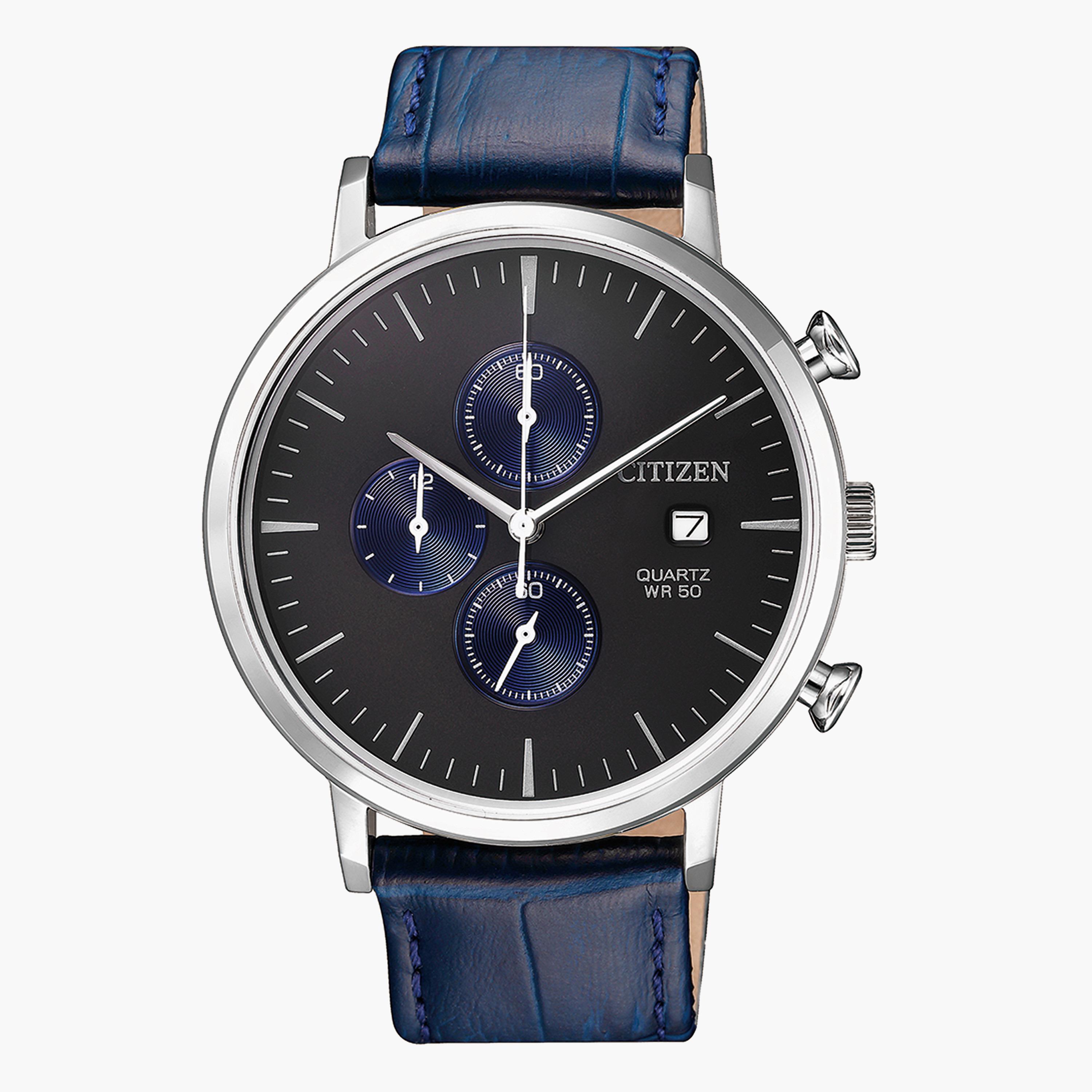 ساعة كرونوجراف زرقاء بحزام جلد للرجال من سيتيزن - AN3610 04H-men-watchesandjewellery-watches-image-1