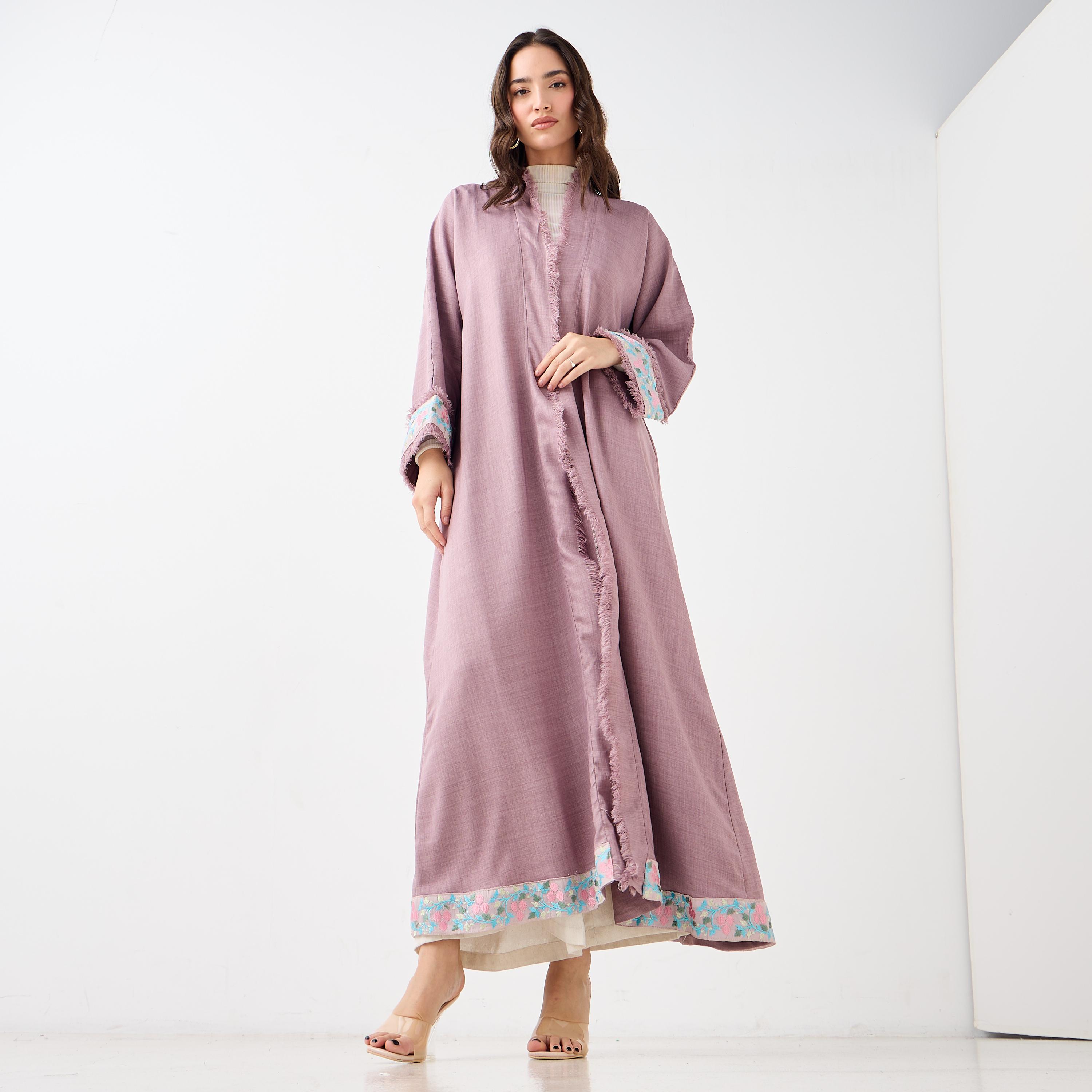 Hadiyath Al Madinah Embroidered Open Front Abaya-women-arabicclothing-abayas-image-1