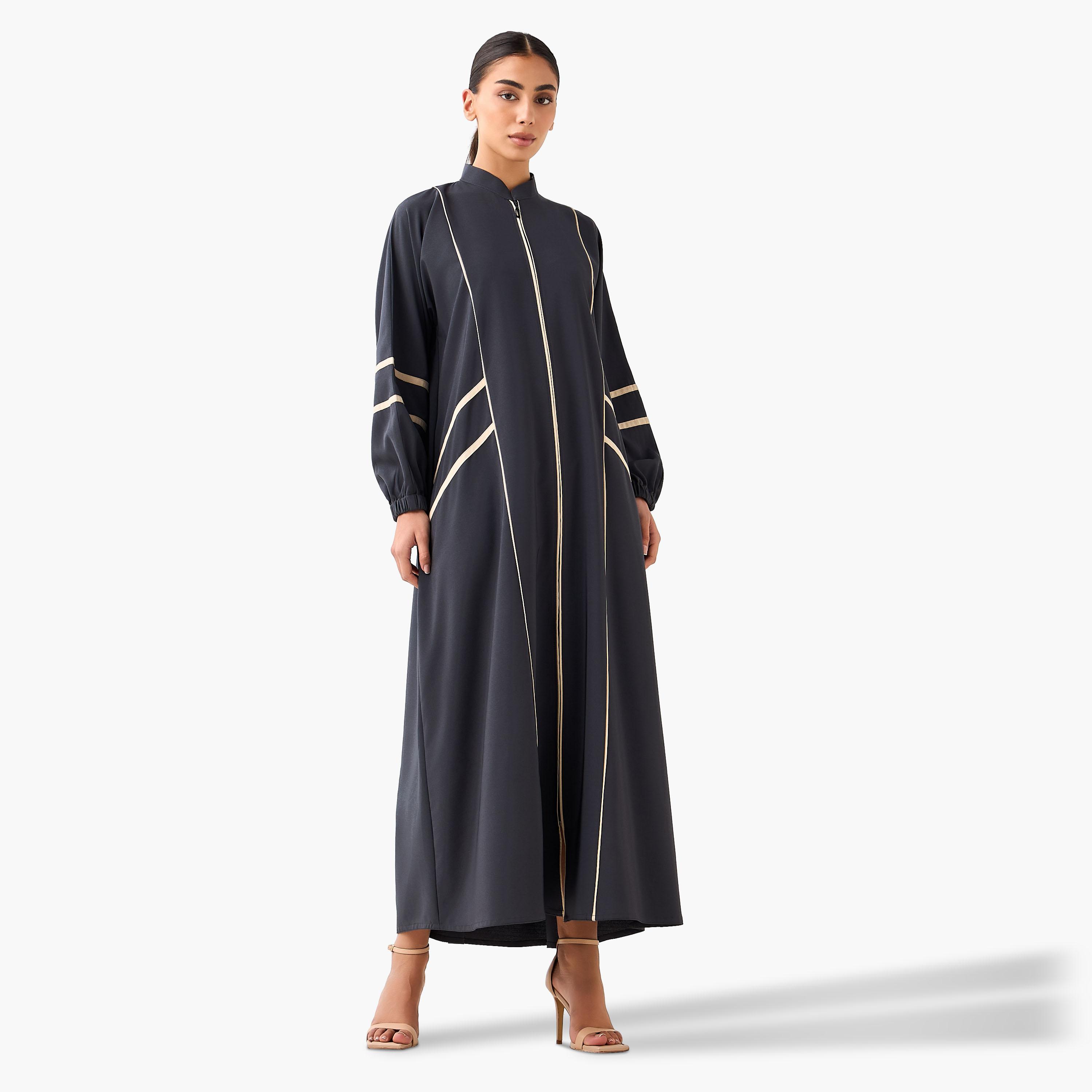 Hadiyath Al Madinah Piping Accent Abaya with Mandarin Collar-women-arabicclothing-abayas-image-1