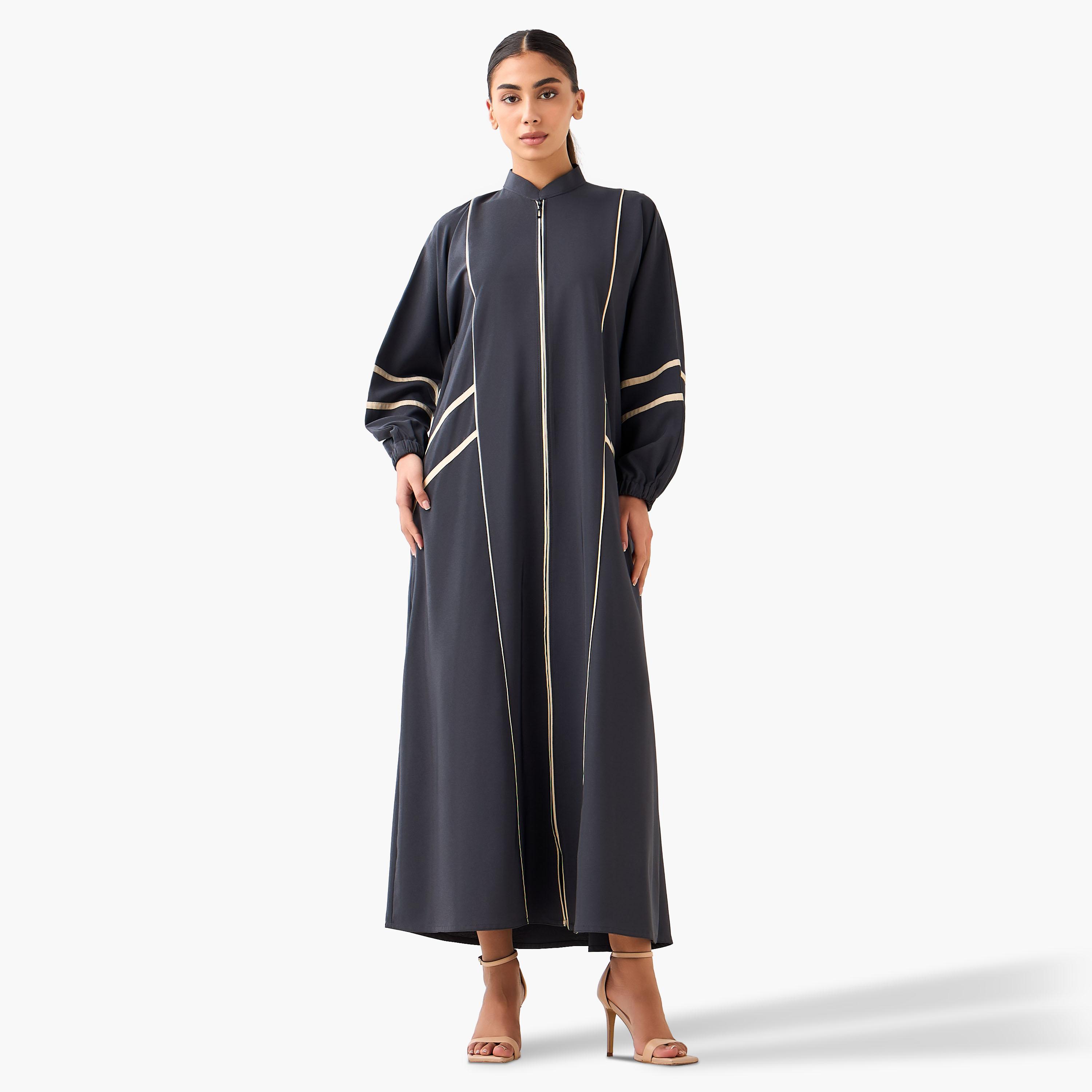 Hadiyath Al Madinah Piping Accent Abaya with Mandarin Collar-women-arabicclothing-abayas-image-2