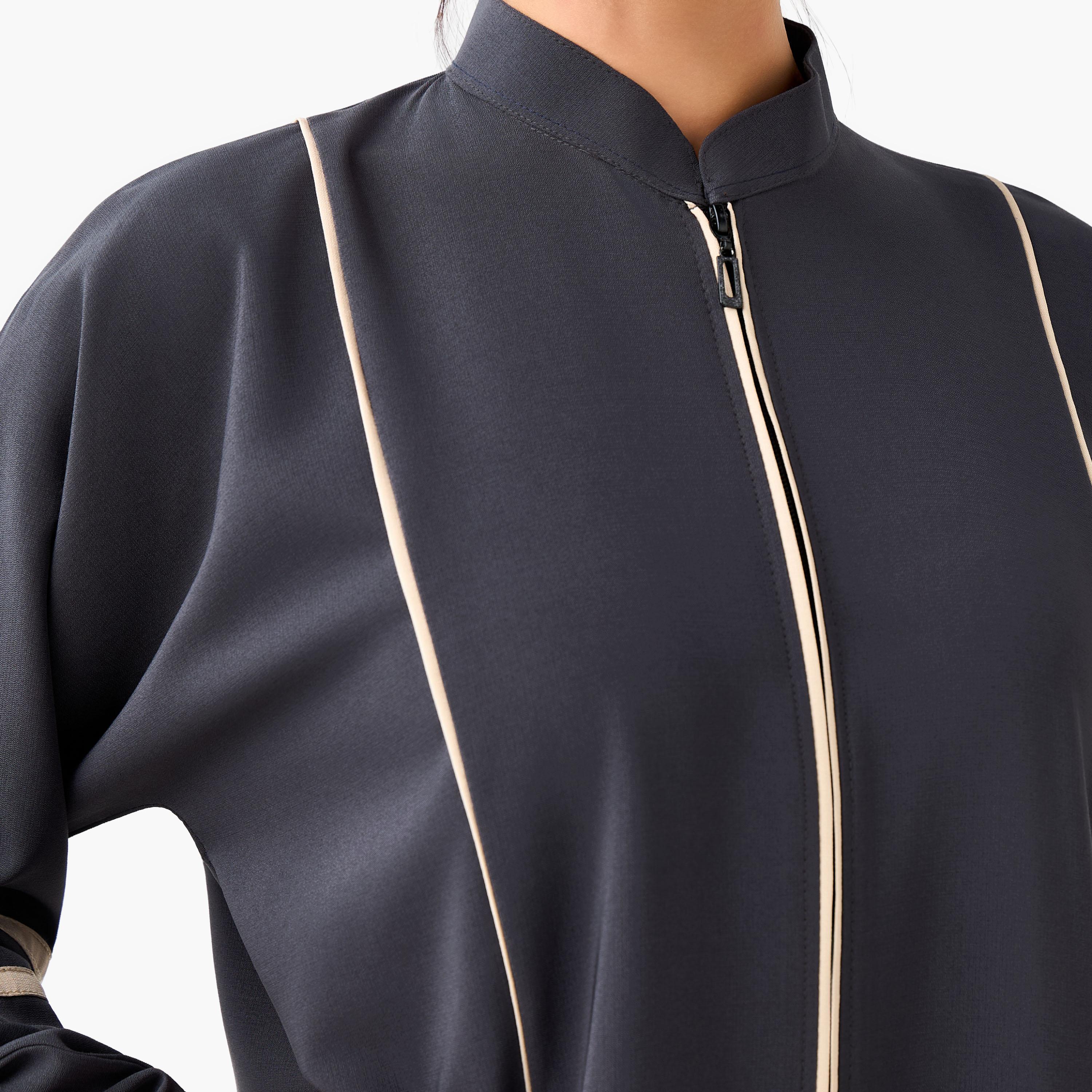 Hadiyath Al Madinah Piping Accent Abaya with Mandarin Collar-women-arabicclothing-abayas-image-3