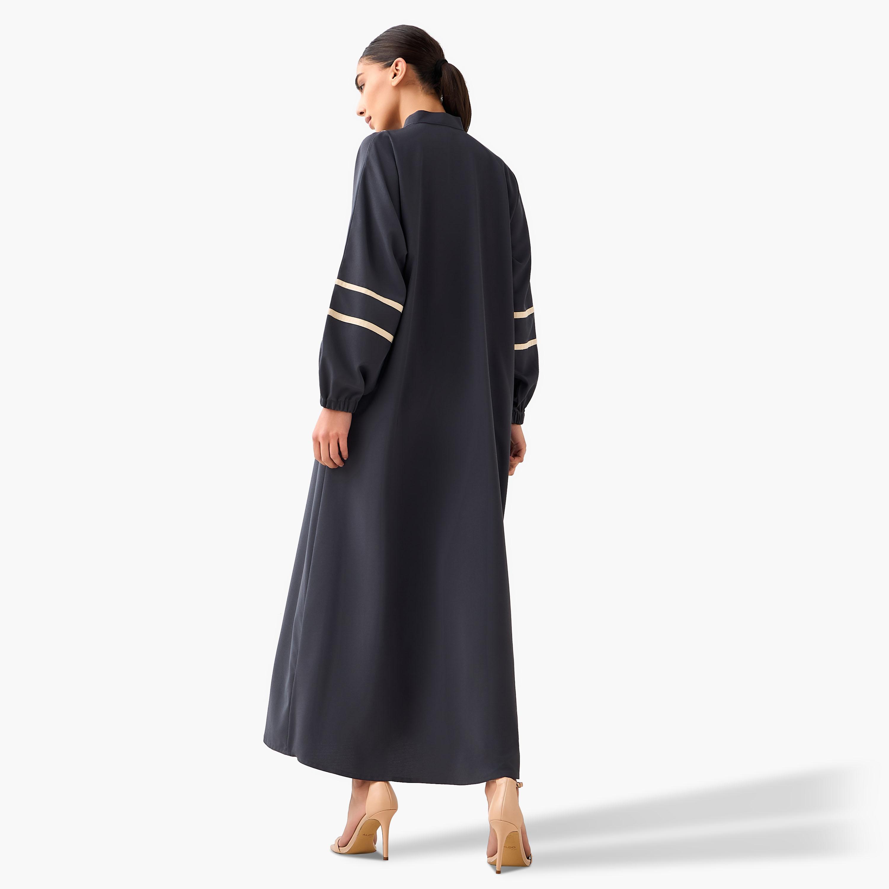 Hadiyath Al Madinah Piping Accent Abaya with Mandarin Collar-women-arabicclothing-abayas-image-4