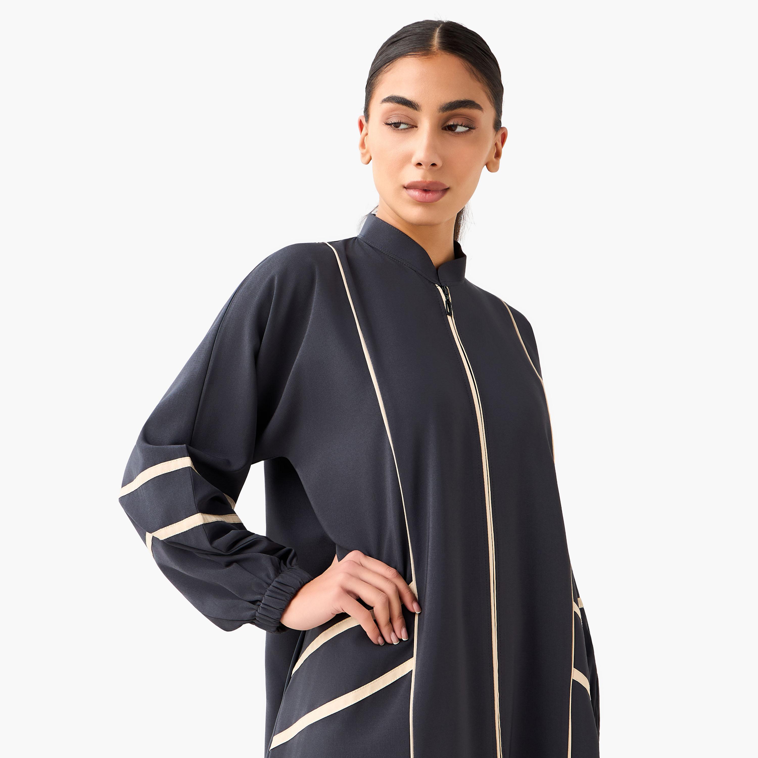 Hadiyath Al Madinah Piping Accent Abaya with Mandarin Collar-women-arabicclothing-abayas-image-5