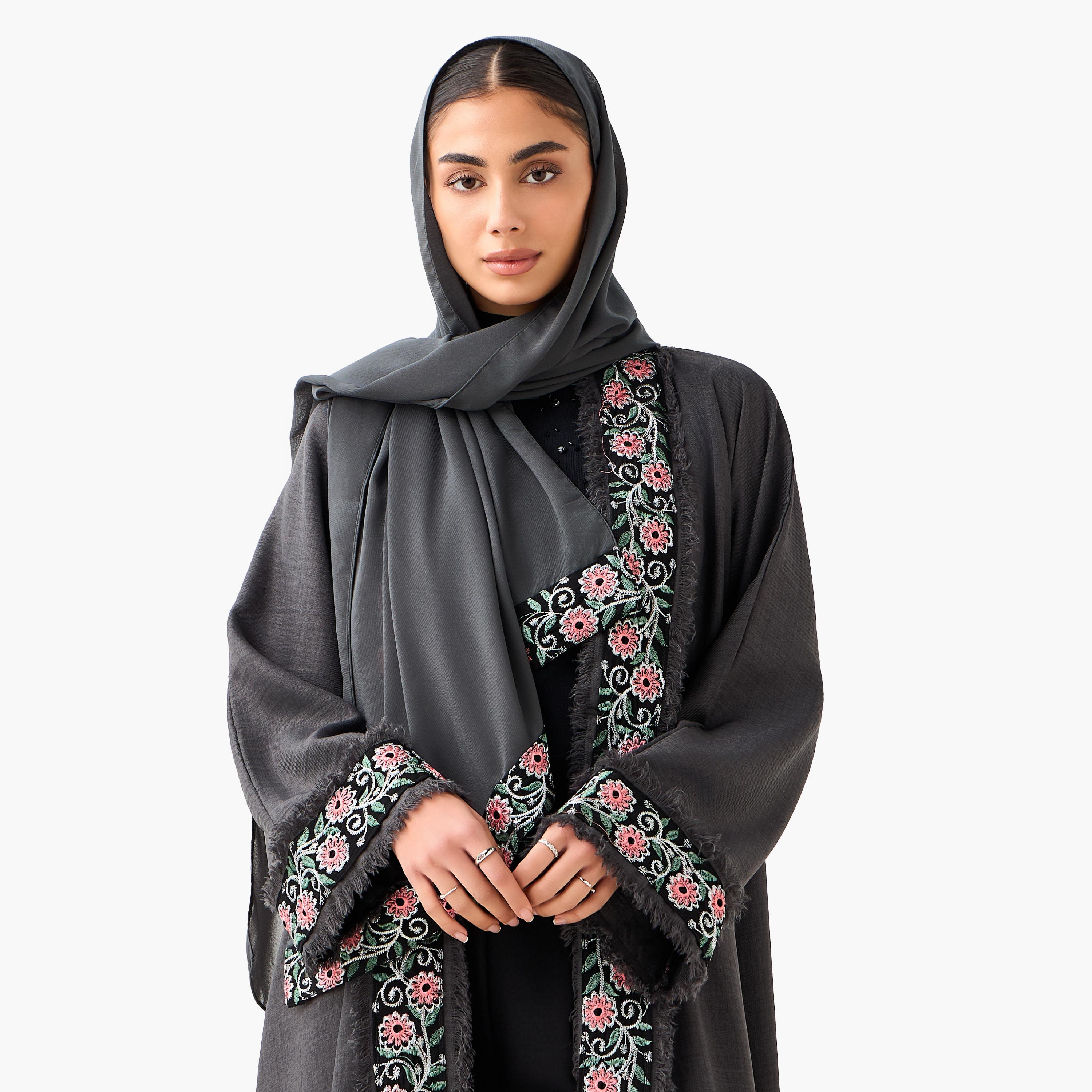 Hadiyath Al Madinah Embroidered Abaya with Hijab-women-arabicclothing-abayas-image-4