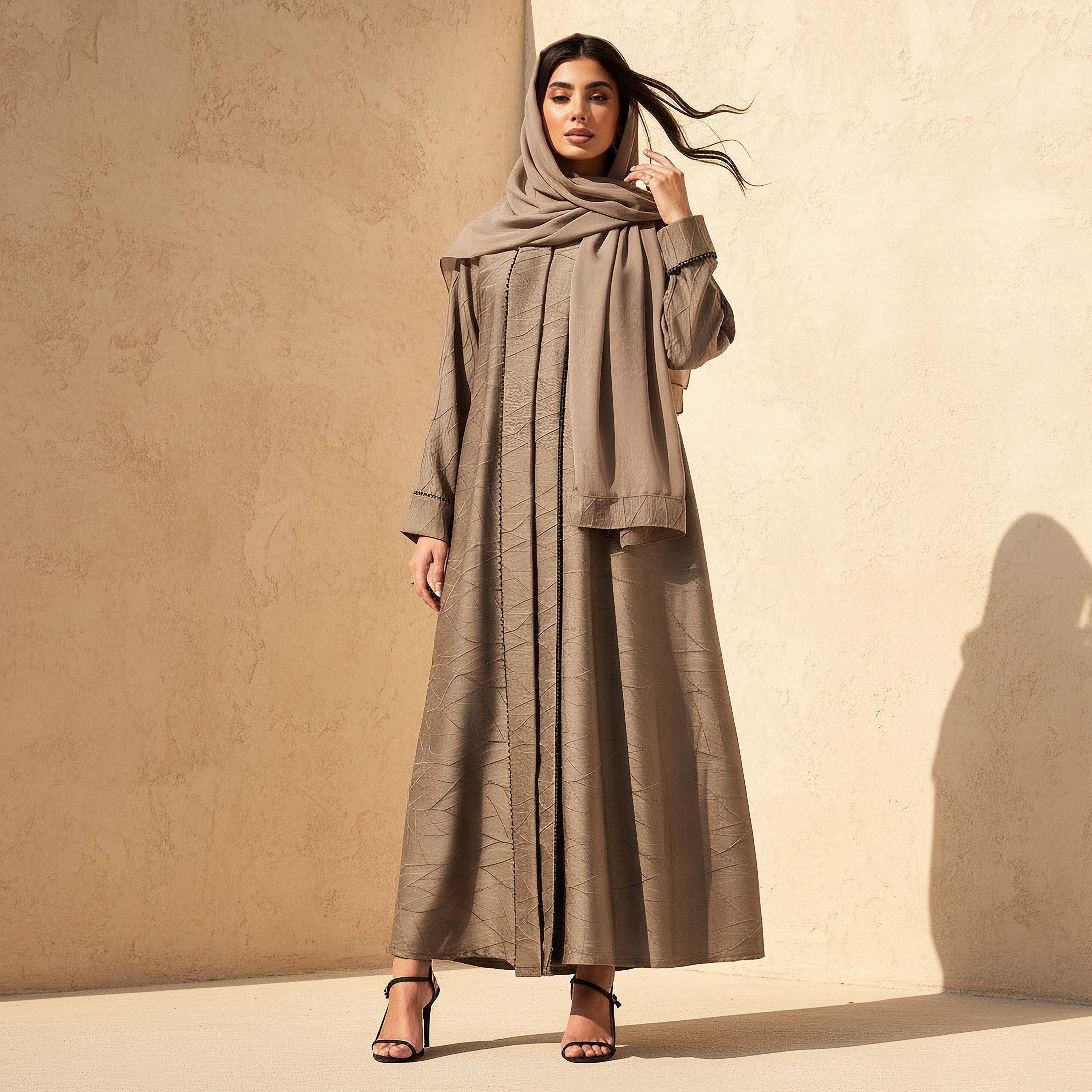Hadiyath Al Madinah Textured Abaya with Hijab-women-arabicclothing-abayas-image-1