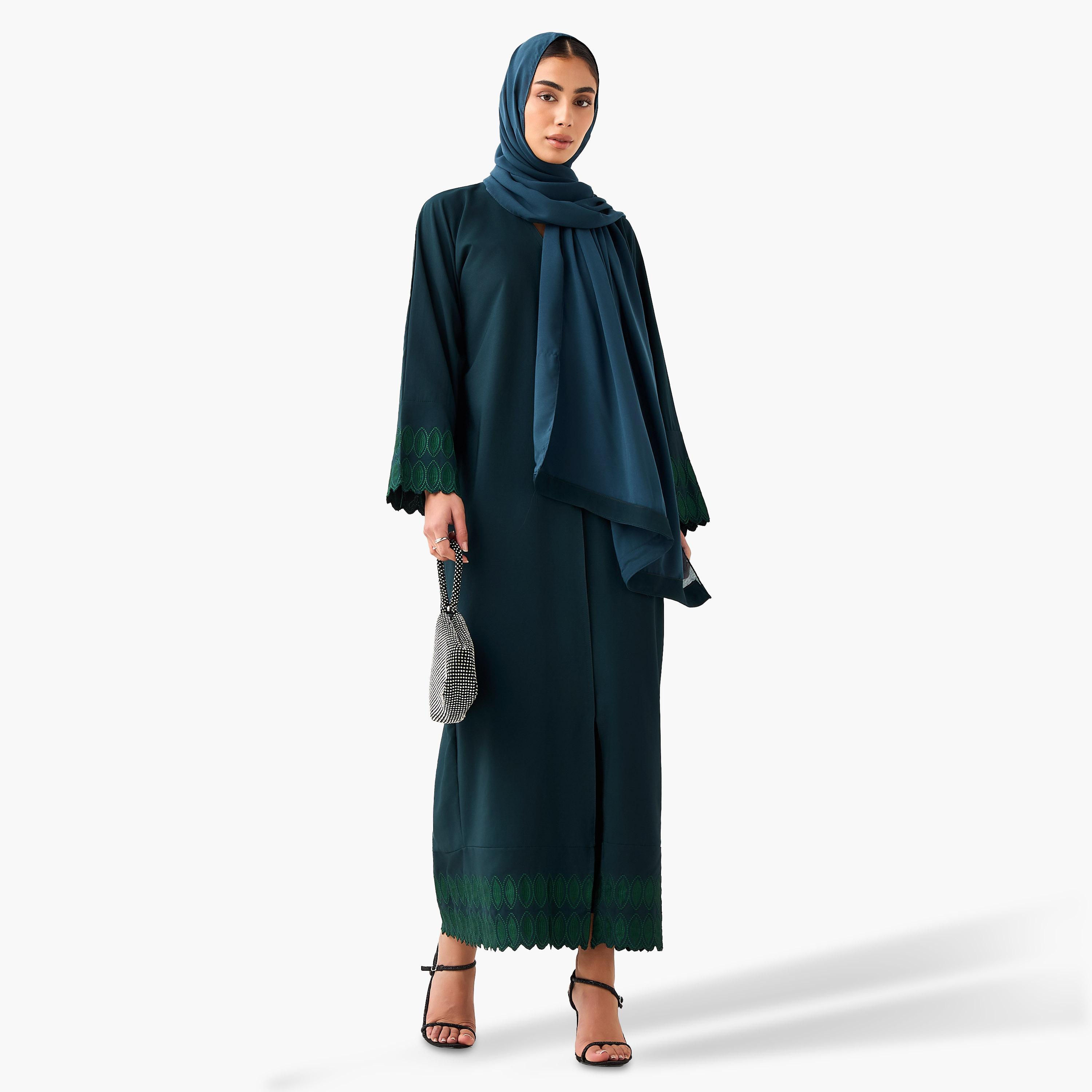 Hadiyath Al Madinah Embroidered Abaya with Hijab-women-arabicclothing-abayas-image-1