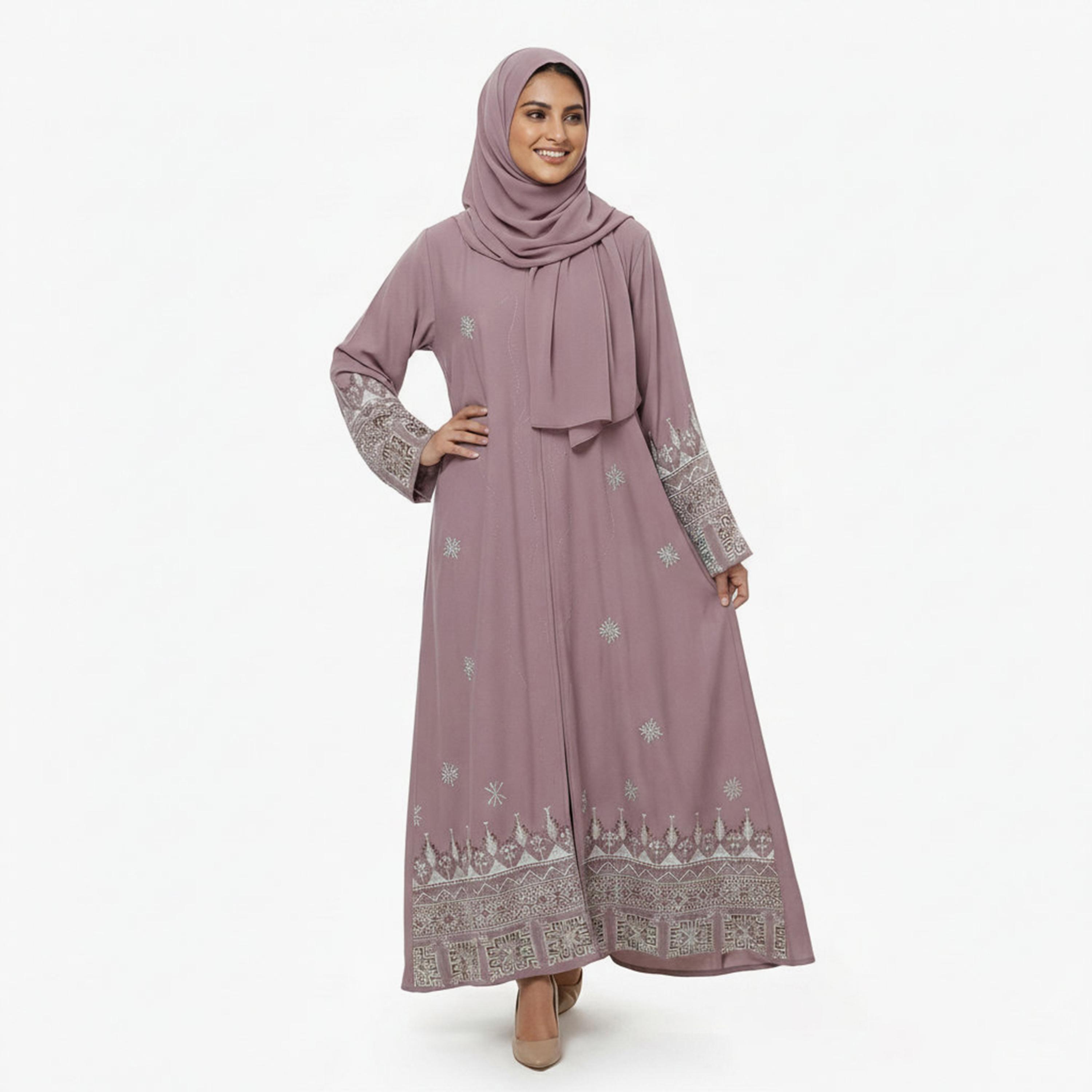 عباءة نسائية بلون "موف" وتطريز "جيوميتريك" هندسي مع حجاب من حديث المدينة-women-arabicclothing-abayas-image-1